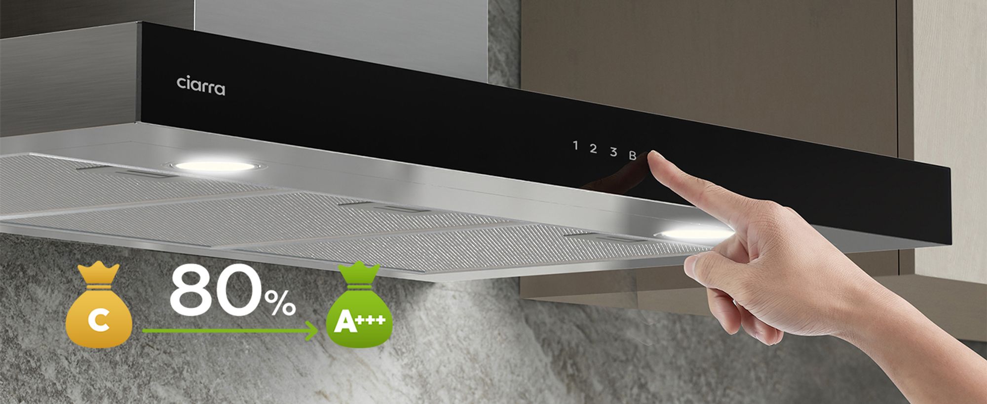 CIARRA A+++ 650 m³/h Dunstabzugshaube 90cm Wandhaube WIFI +APP & Touch Control Boost VMS9102