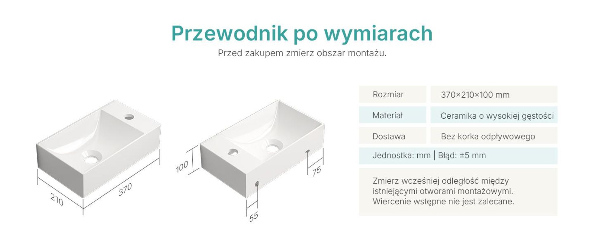EMKE Umywalka wisząca ceramiczna prostokątna 380x220mm biały połysk Oszczędzająca miejsce umywalka do WC dla gości i małej łazienki