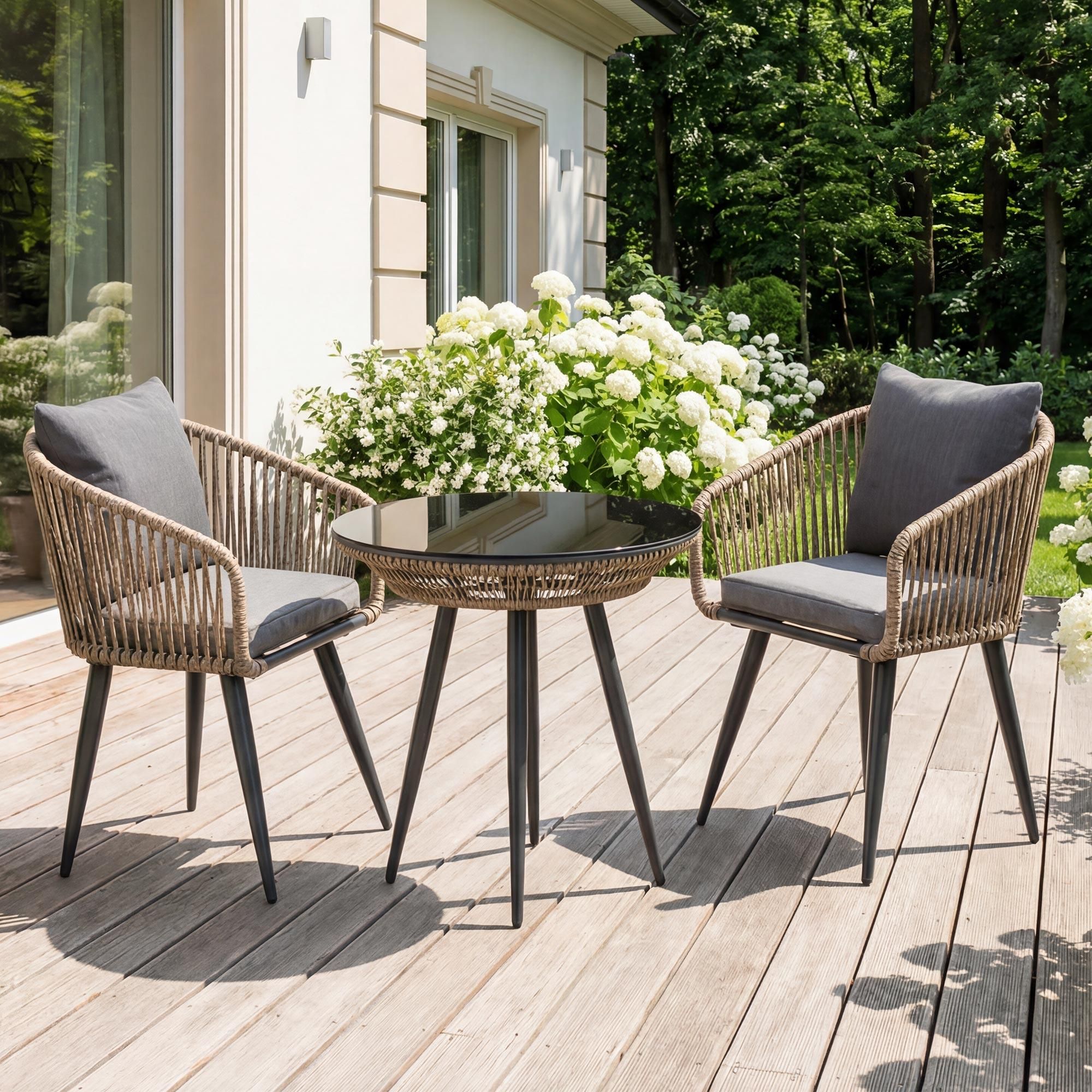di volio Gartenmöbel Set RIETI - Braun/Grau, Balkonmöbel Set aus Polyrattan, Sitzgruppe outdoor mit 2 Sesseln und rundem Glastisch, wetterfest