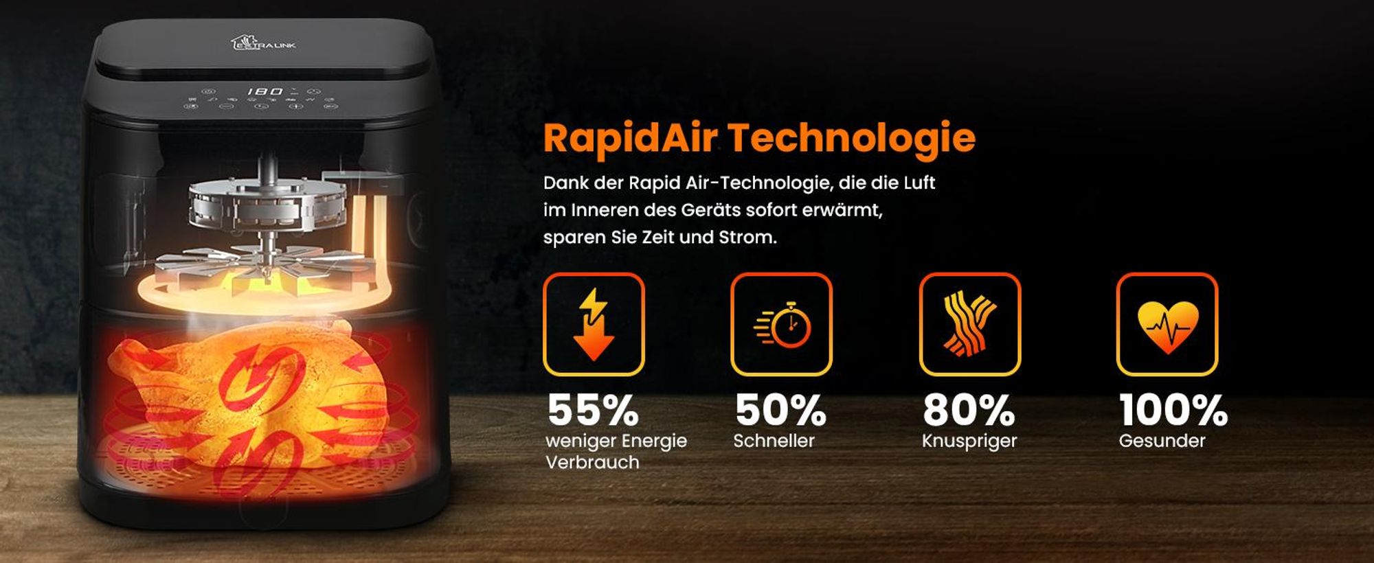 Extralink 5,2 l Heißluftfritteuse 1600 W mit Sichtfenster und LED-Display