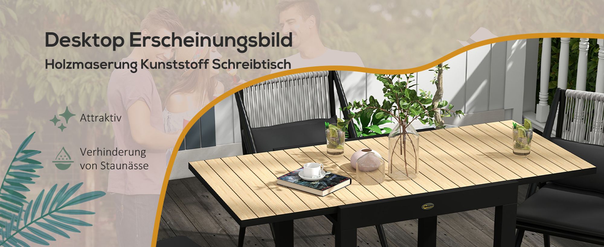 Outsunny Gartentisch Esstisch für 6 Personen Erweiterbarer Terrassentisch Gelb