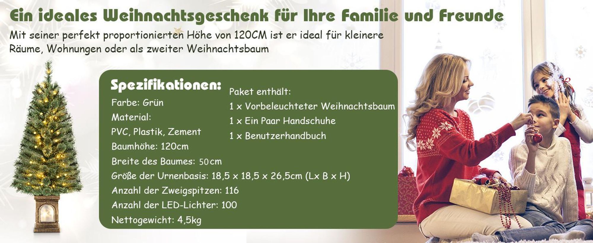 COSTWAY 120 cm künstlicher Weihnachtsbaum mit Beleuchtung, Tannenbaum im Topf, mit warmweißen LED-Lichtern & Timer & 116 PVC Zweigspitzen, Topfbaum für Eingang Haus Büro, Grün