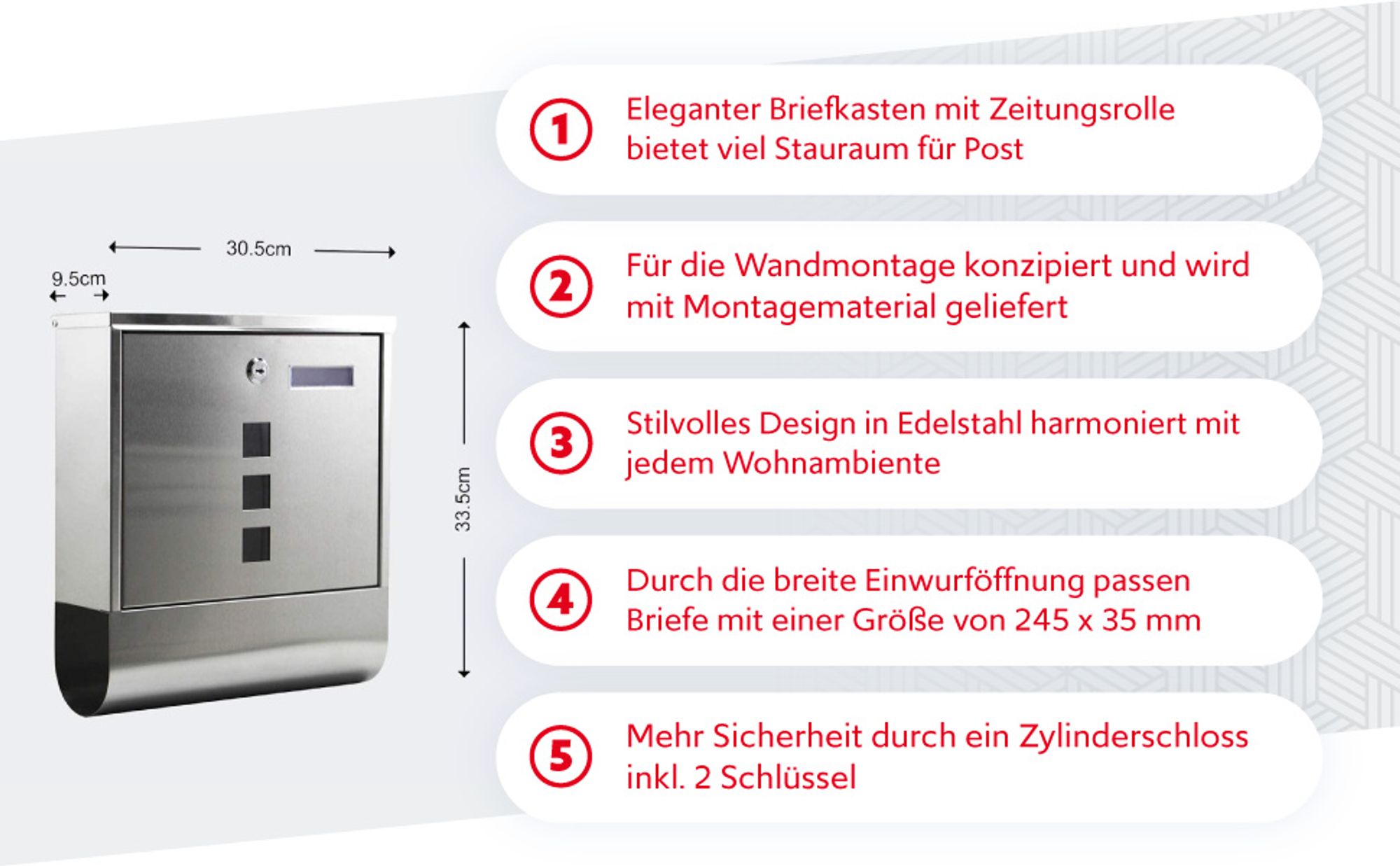 Wiltec Briefkasten mit Zeitungsrolle 305 x 95 x 335 mm, Wandbriefkasten mit Namensschild, Sichtfenstern, Schloss und Zeitungsrolle, Postkasten aus Edelstahl