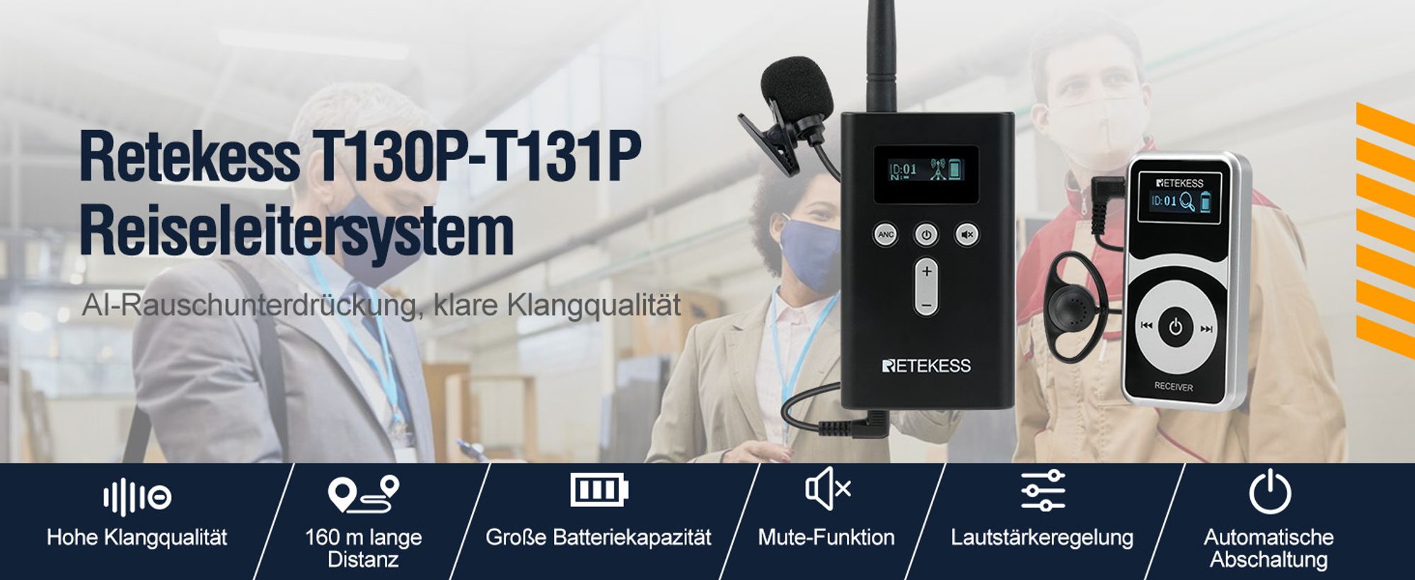 Retekess T130P Tour Guide System, Verbesserte Geräuschreduzierung, 160m, Lange Standby-Zeit 30H, Audio-Dolmetschsystem für Tourismus (15 Empfänger)
