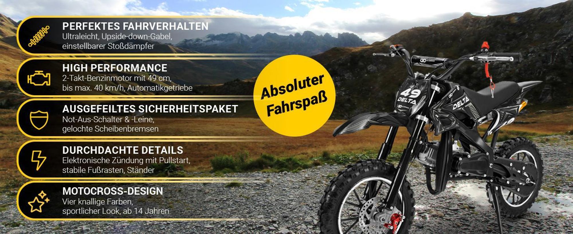 Actionbikes Motors Jugend Mini Crossbike Delta 49ccm | 2 Takt - Bis zu 40 km/h - Motorcrossbike - Pocketbike - Cross Dirt Bike - Motorrad (Grün)