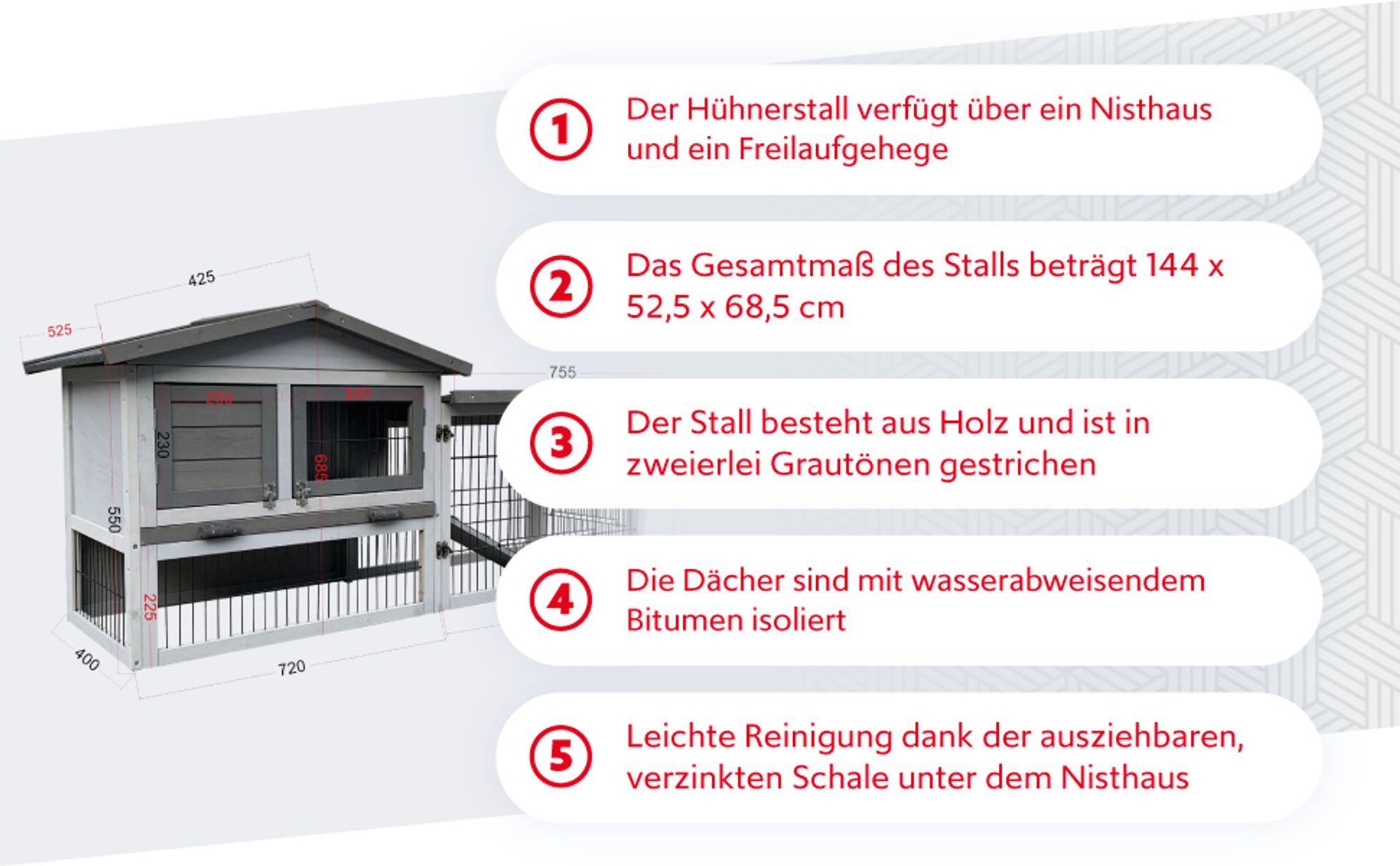 Wiltec Hühnerstall 1535 x 525 x 685 mm hellgrau mit Freilauf und Schlafhaus aus Holz, Hühnerhaus mit Unterschlupf, Gitter und Kotwanne verzinkt
