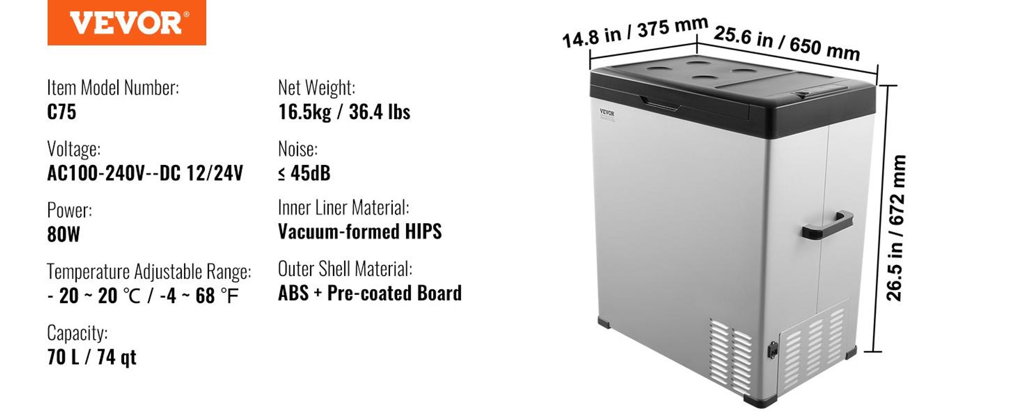 VEVOR Autokühlschrank, 12-Volt-Autokühlschrank, tragbarer 70-Liter-Einzelzonen-Gefrierschrank, einstellbarer Bereich von -4℉ bis 68℉, 12/24 V DC und 100-240 V AC-Kompressorkühler für Outdoor, Camping, Wohnmobil