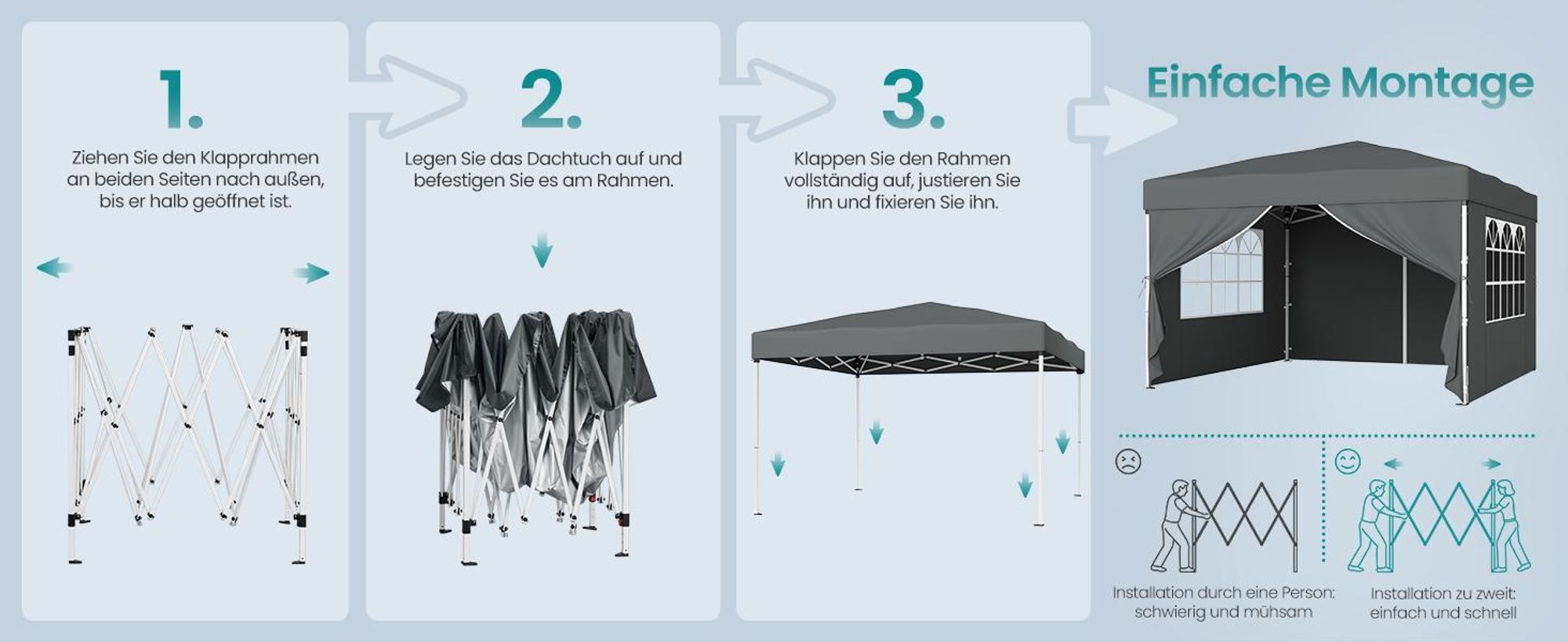 SONGMICS Faltzelt 3 x 3 m, mit Seitenwänden, stabil, tragbar, Pavillon für Garten, Hof, Markt, Sonnenschutz, grau