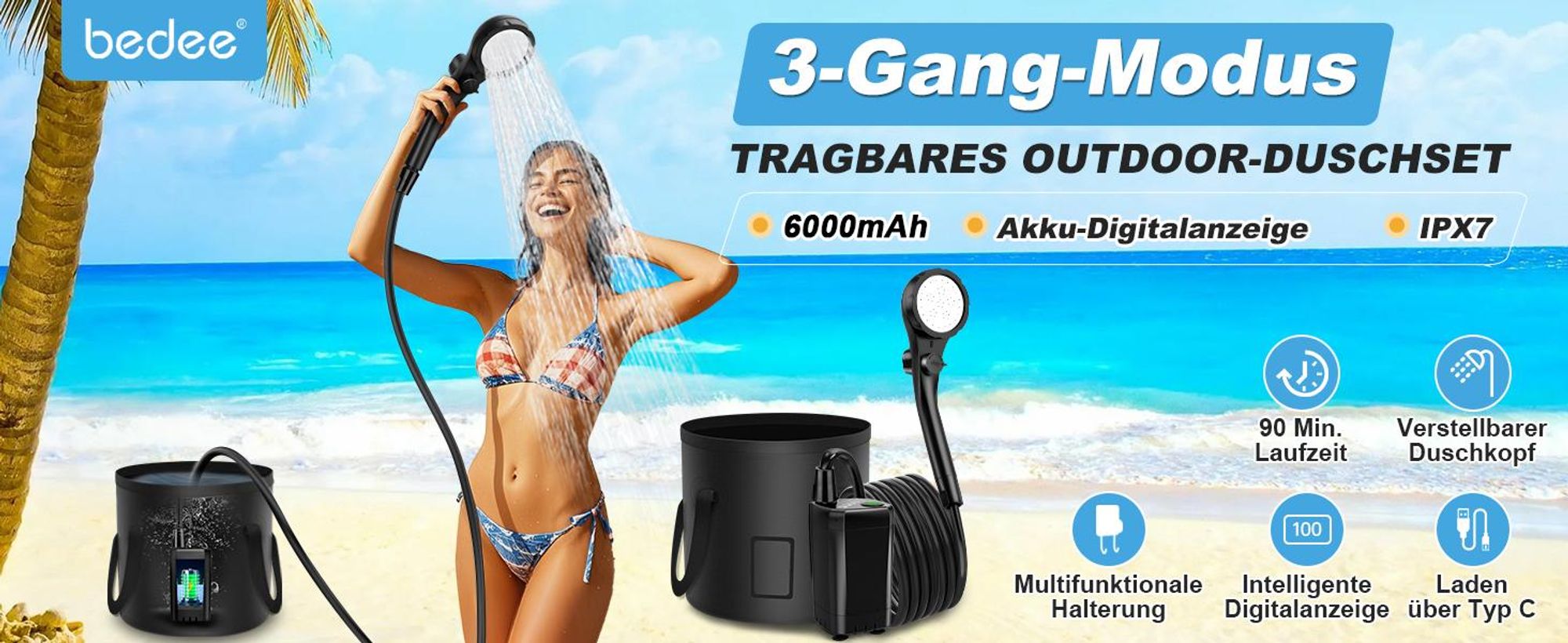Tragbare Campingdusche, Camping Dusche Outdoor, 6000mah Akku, mit Pumpe und Eimer, Mobile Duschen mit Duschkopf und Schlauch,für Camping Reisen Garten
