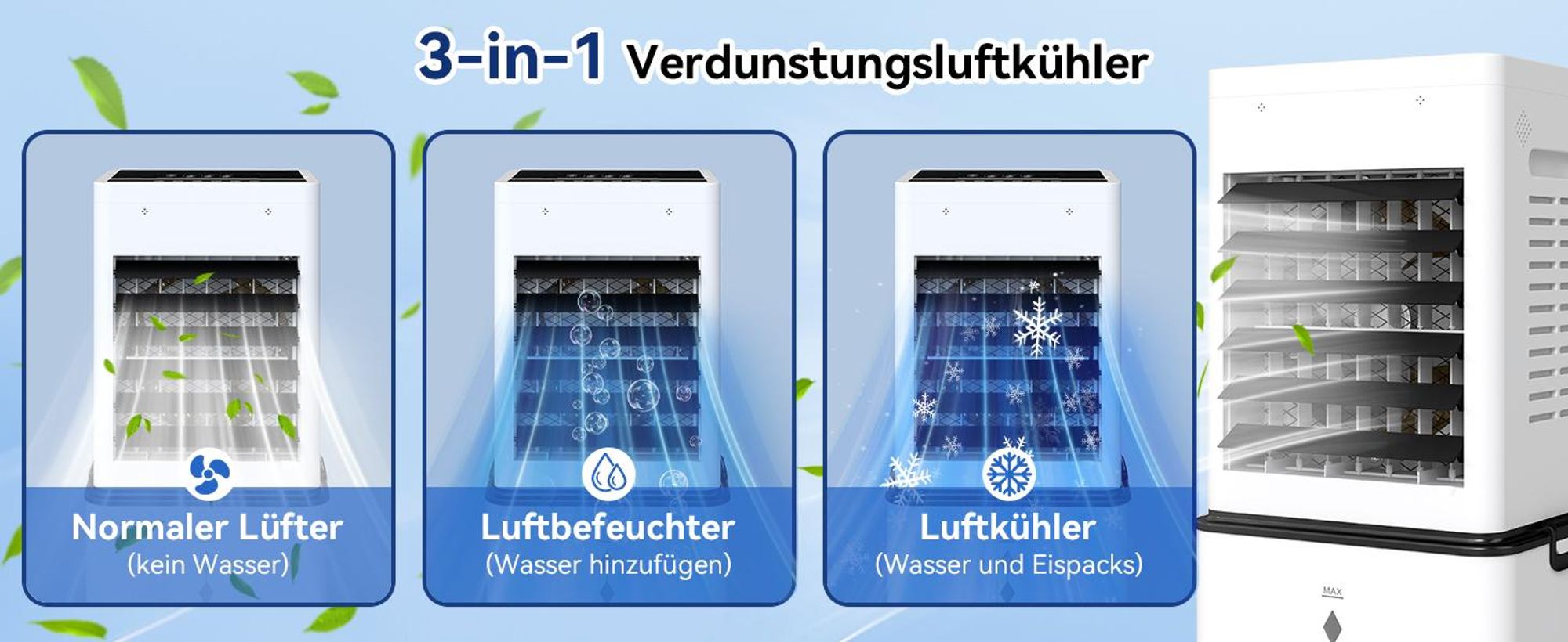 Puluomis 10L Luftkühler mit 3 Sprühdüsen und LED Beleuchtung, 3-in-1 Ventilator mit Fernbedienung, 3 Modi, 6 Stufen, 24h Timer, Mobile Klimageräte
