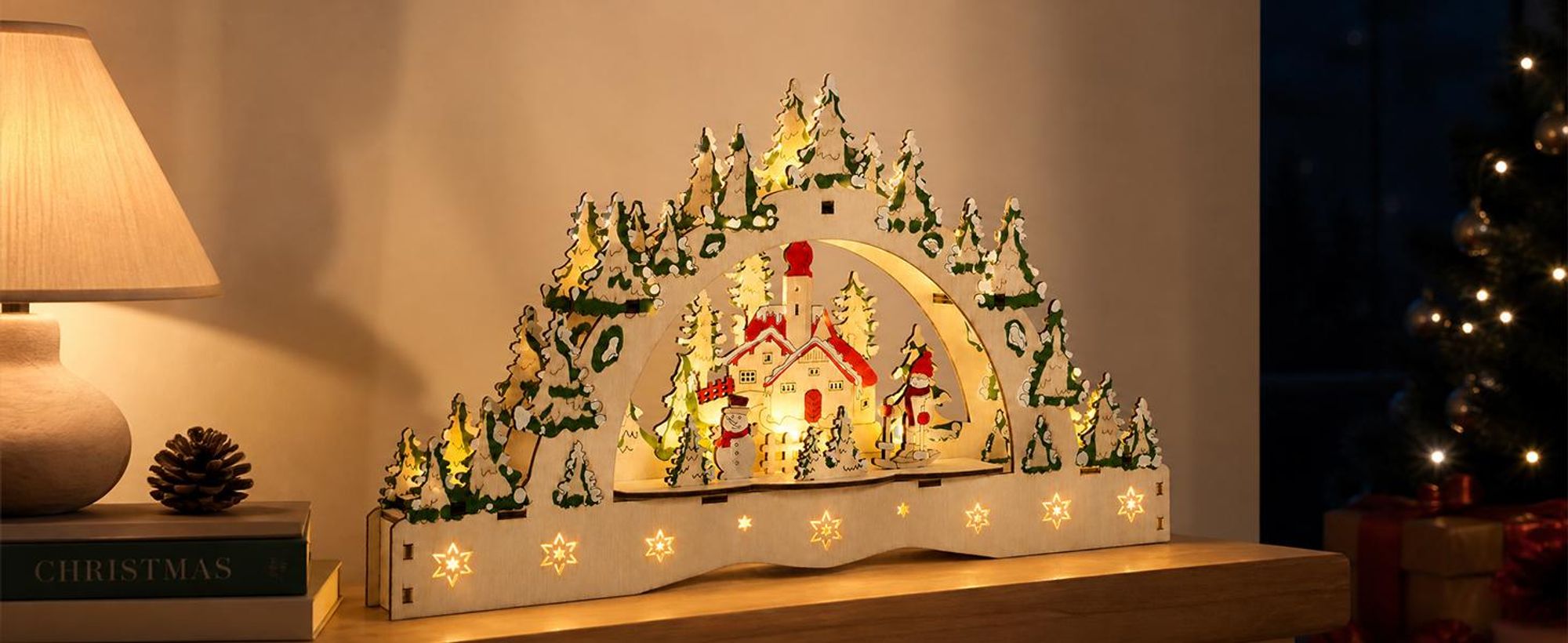 Salcar Holz Schwibbogen Weihnachtsdorf, 3D Lichterbogen 32cm mit 13 LED Beleuchtung Batterie Weihnachten Advent Winter Tisch und Fenster Deko