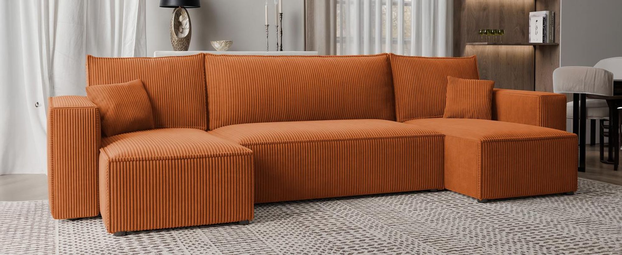 Idohome Ecksofa - Wohnzimmer Sofa mit Schlaffunktion und Bettkasten, Eckcouch, Polstermöbel, Sofa, Couch modern in Farbe Orange Poso 40 Paris U Form