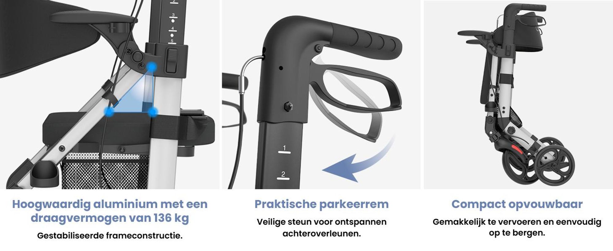 ELONEO 2-in-1 rolstoel/rolator, opvouwbaar en lichtgewicht met zitplaats, outdoor rolstoel/rolator, opvouwbaar, aluminium loophulpmiddel voor senioren - zilver