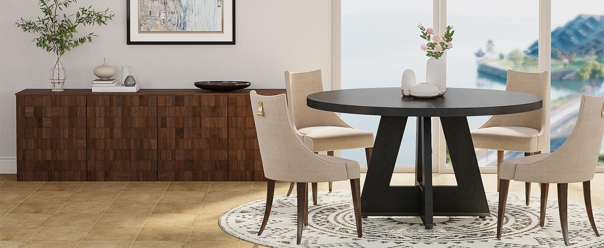 Tavolo da pranzo rotondo in legno Tribesigns, 120 cm, tavoli da sala da pranzo per 4 persone, tavolo da cucina in stile rustico con piano in legno e base a croce, nero (tavolo)