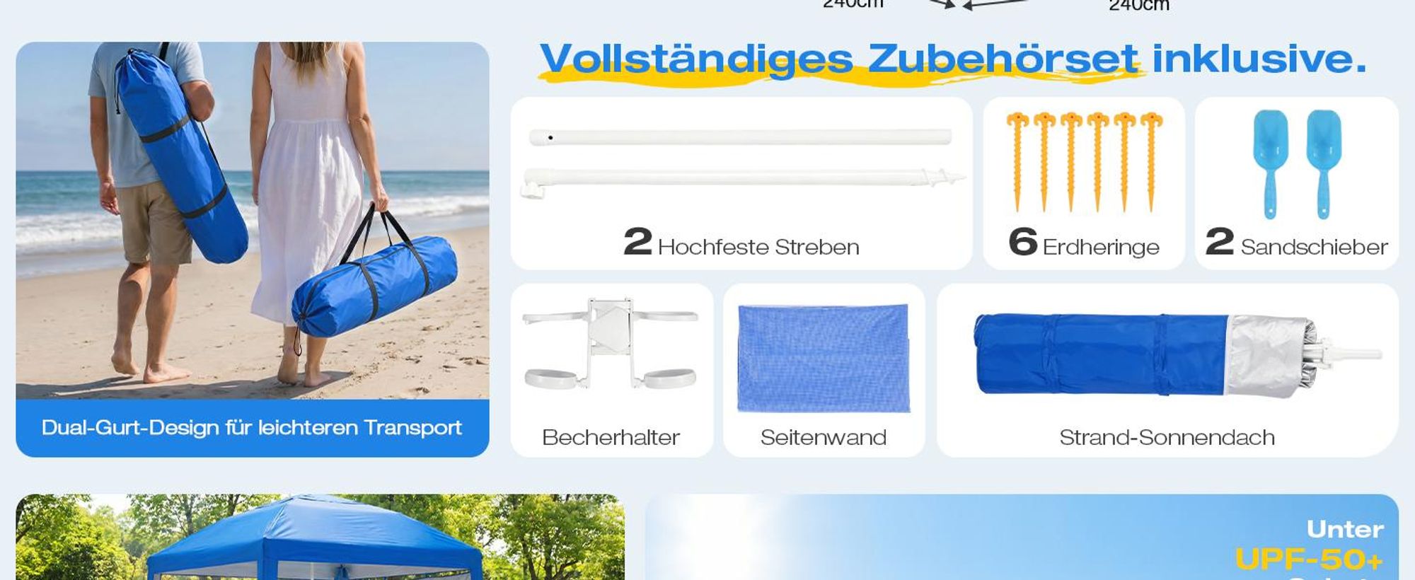 Sekey Strandmuschel Pop Up 240 x 240 cm für 4 Personen mit Seitenvorhang Höhenverstellbar UV Schutz 50+ Windfest Strandzelt