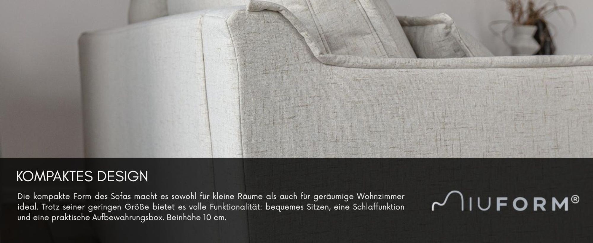 MIUFORM Charming Charlie Slim - Sofa mit Bettfunktion und Bettkasten - 225x90cm - Beige - 3-Sitzer Schlafsofa