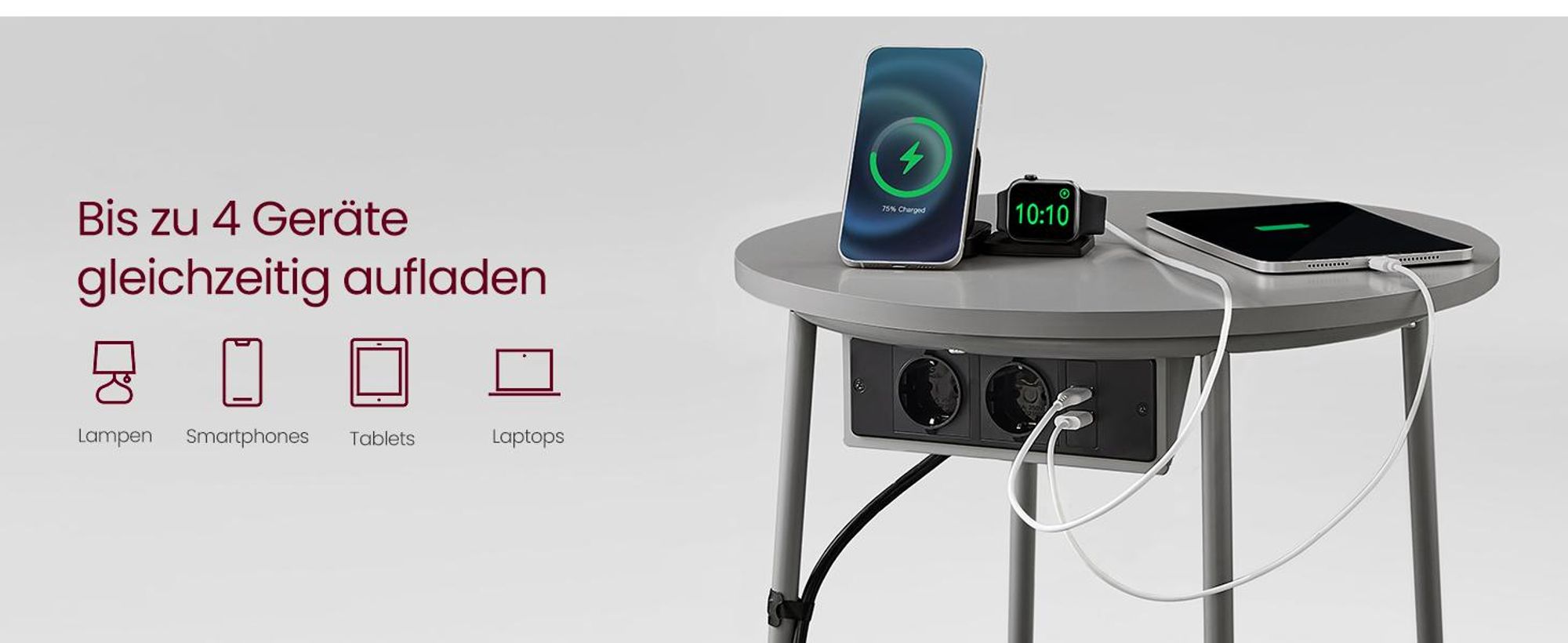 VASAGLE Beistelltisch rund, mit Steckdose, USB-Anschlüsse, Ø45 cm, taubengrau-schiefergrau