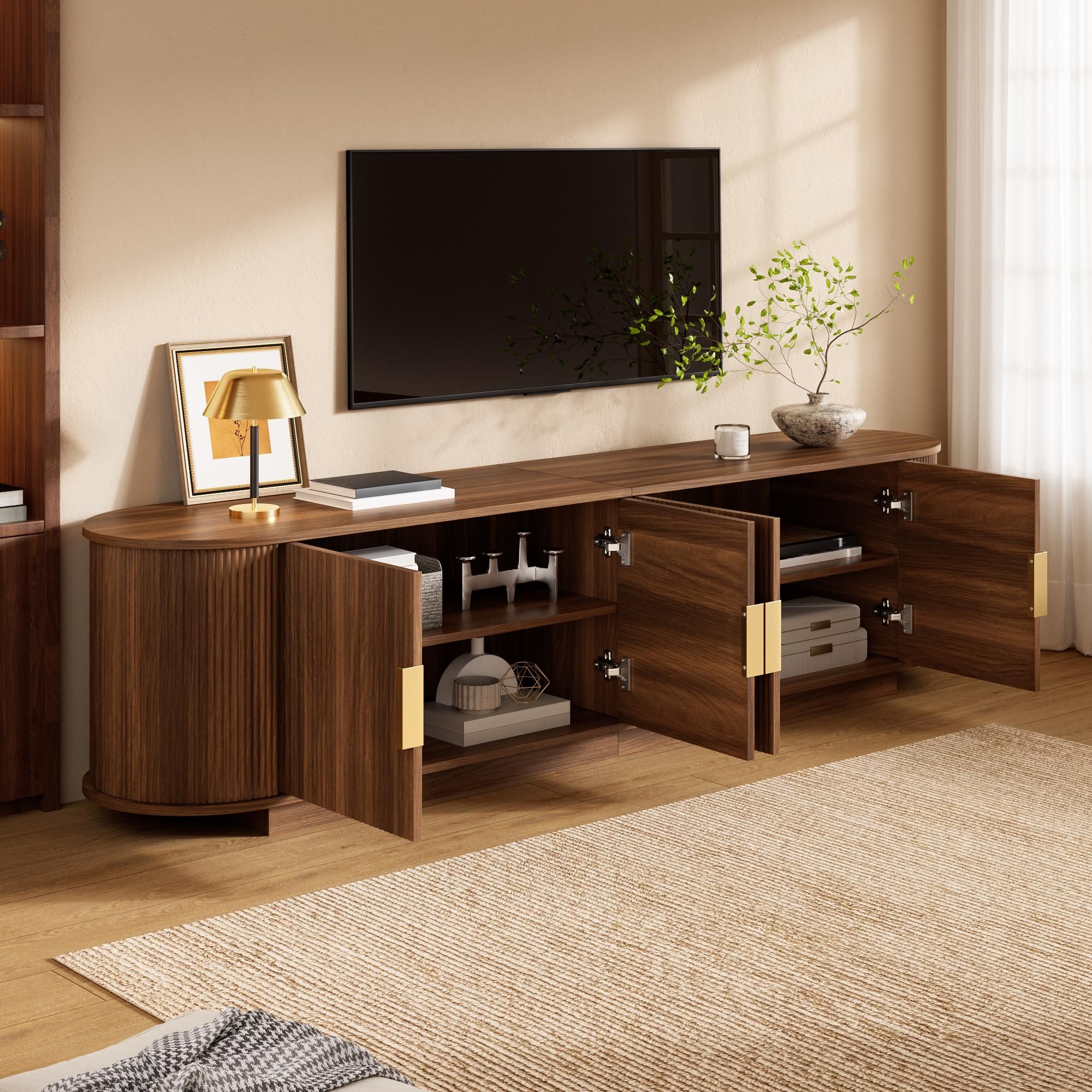 Merax TV-Schrank mit 4 Türen, TV Lowboard mit Wellenstruktur und Metallgriffen, TV-Board Wohnzimmerschrank aus MDF und Spanplatte, Walnussoptik