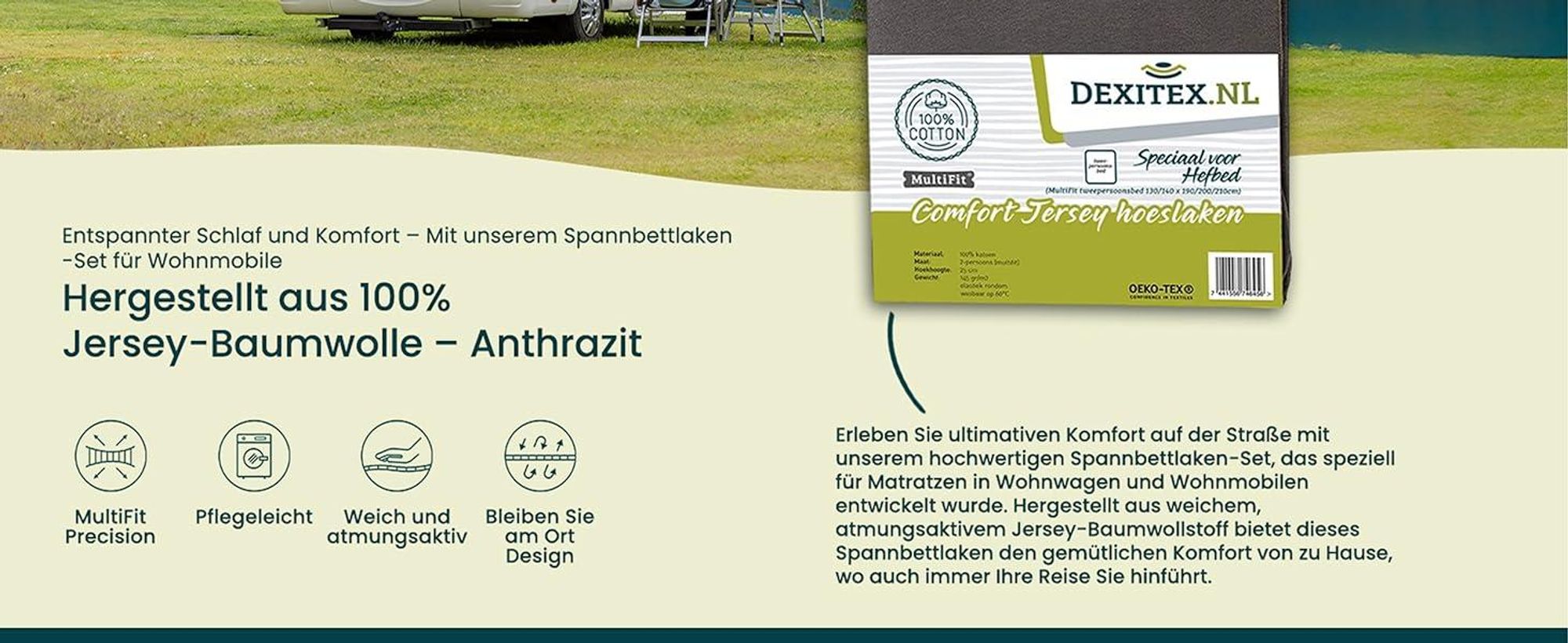 Dexitex Jersey Spannbettlaken Hebebett Wohnmobil & Wohnwagen – 130–160 x 190–210 cm – MultiFit® 100% Baumwolle Dunkelgrau