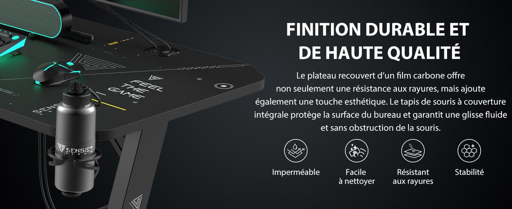 SENSE7 Nomad Table de jeu cybernétique Bureau 100 x 50 cm Tapis de souris XXL Table d'ordinateur Table PC Bureau de gamer Petit bureau Chambre d'ado Configuration PC
