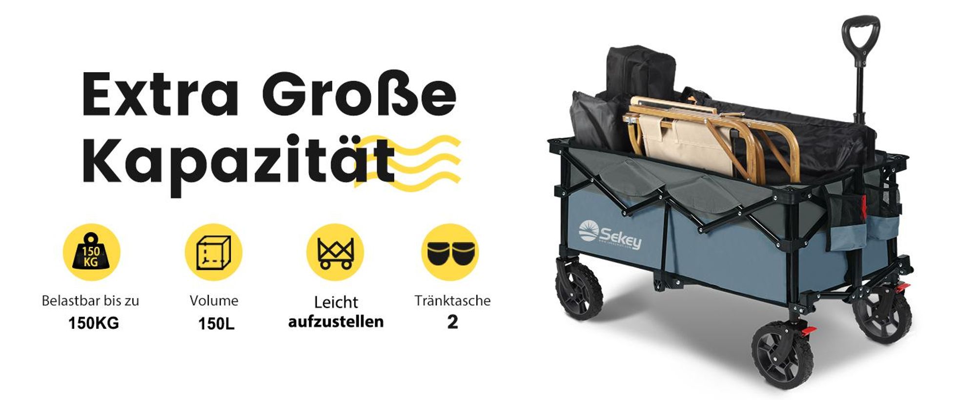 Sekey Bollerwagen faltbar 150 kg mit Bremsen, klappbarer Handwagen für Garten und Ausflug, Blau