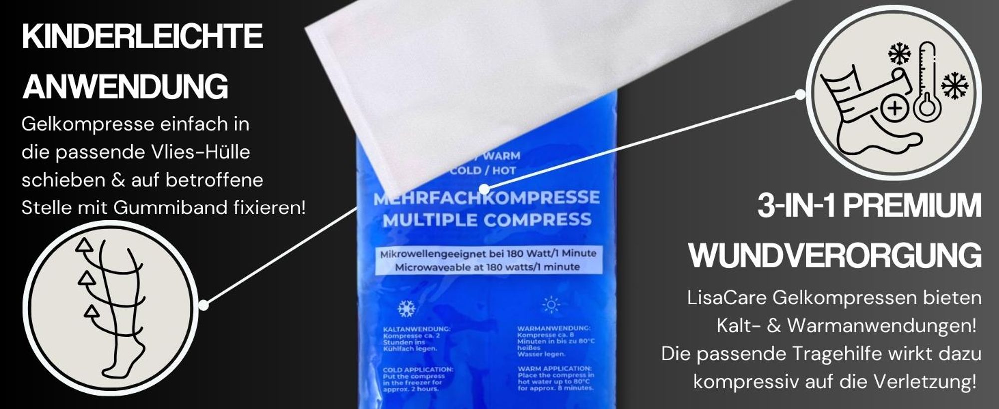 LisaCare Kühlmanschette - 5x Premium Vlieshülle für kalt warm Kompresse - Kühltaschen inkl. Klett-Band zur Fixierung - Mehrweg Vlieshülle