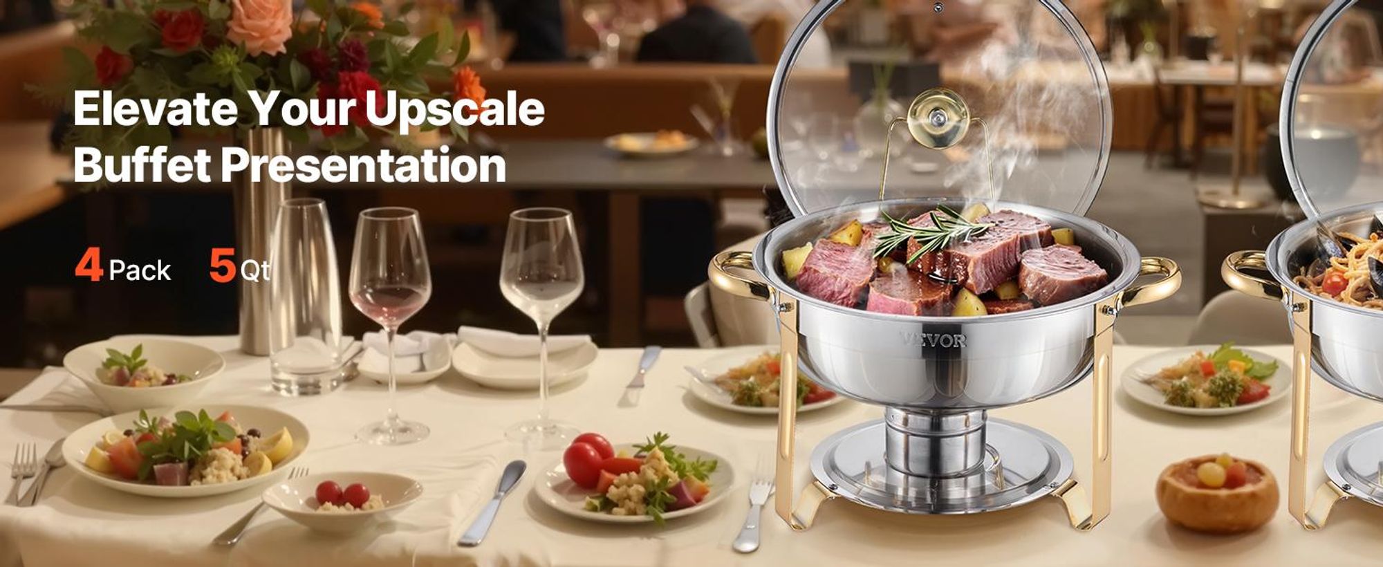 VEVOR Warmhalteteller Buffet Set, 5 Qt 2er Pack, Edelstahl Chafing Dish mit 2 Vollformat-Pfannen, runder Catering-Wärmer mit Glasdeckel, Wasserpfanne, klappbarer Ständer, Brennstoffhalter, für Hochzeitsfeiern, Bankett, Silber, Goldene-4pcs
