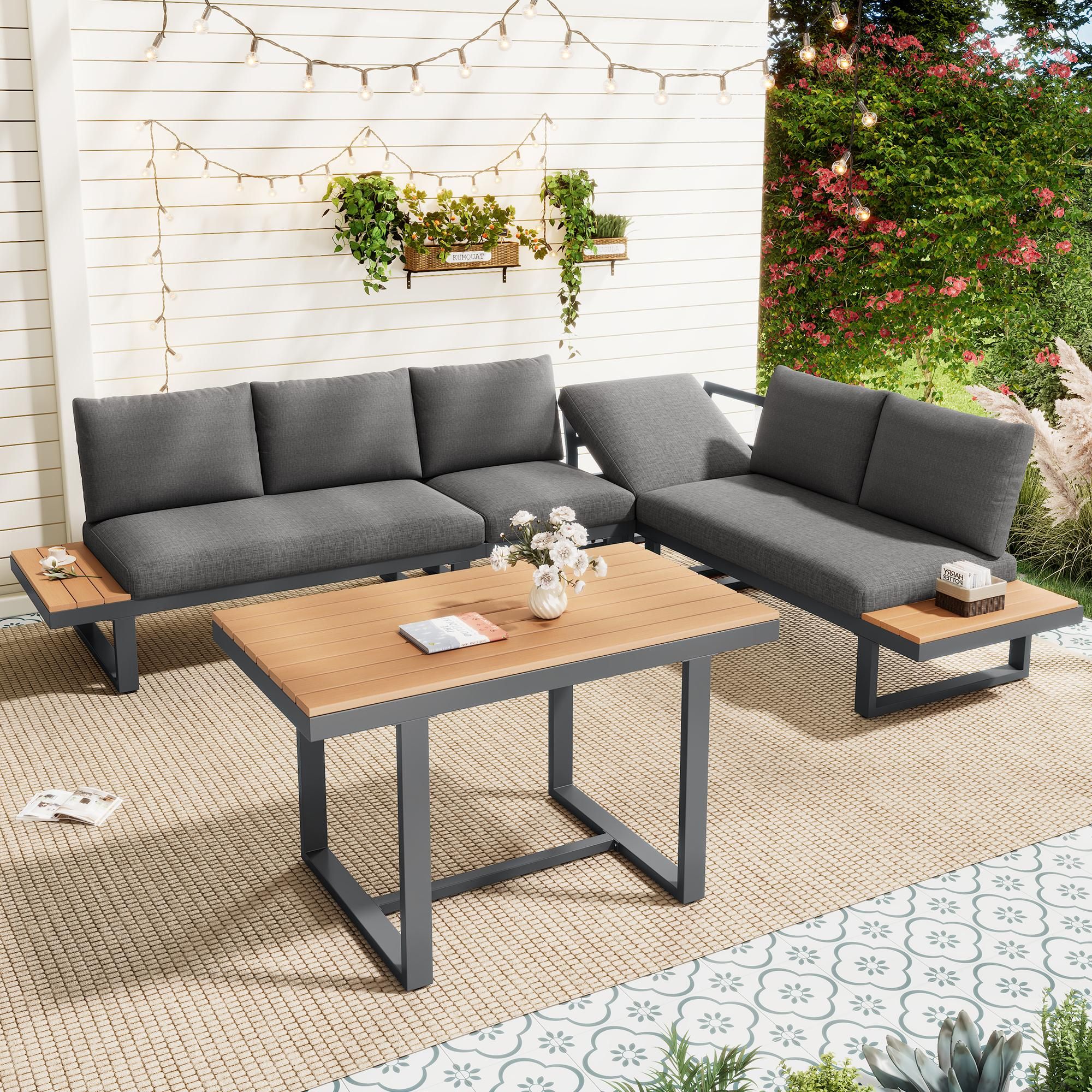 Flieks Gartenlounge-Set 5 Teilig, Balkonmöbelset mit Gartentisch für 6 Personen, Gartensofa mit Ecksofa & Stuhl, Couchtisch mit Kunststoffplatte, Grau