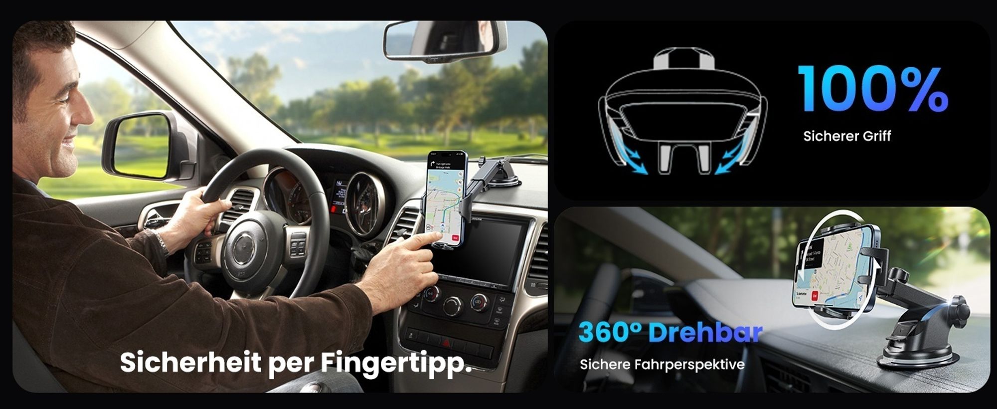3-in-1 Auto Handyhalterung | Saugnapf & Lüftung Montage | Universal Smartphone Halter für Cockpit, Scheibe & Lüftungsgitter | Stabil & Flexibel | Schw