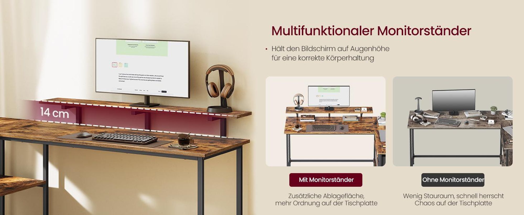 VASAGLE Eckcomputertisch mit Monitorständer, L-förmiger Arbeitstisch, 2 Schubladen, höhenverstellbar, 155 x 105 cm, braun