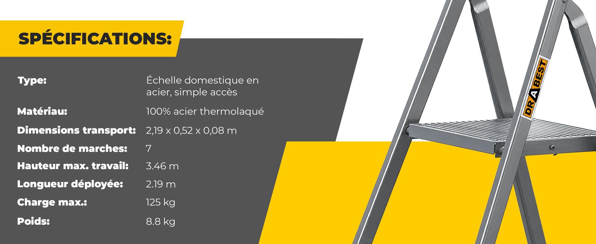 DRABEST | échelle en acier, échelle domestique, échelle à 7 marches, escabeau pliant, en acier, universel, jusqu'à 125 kg