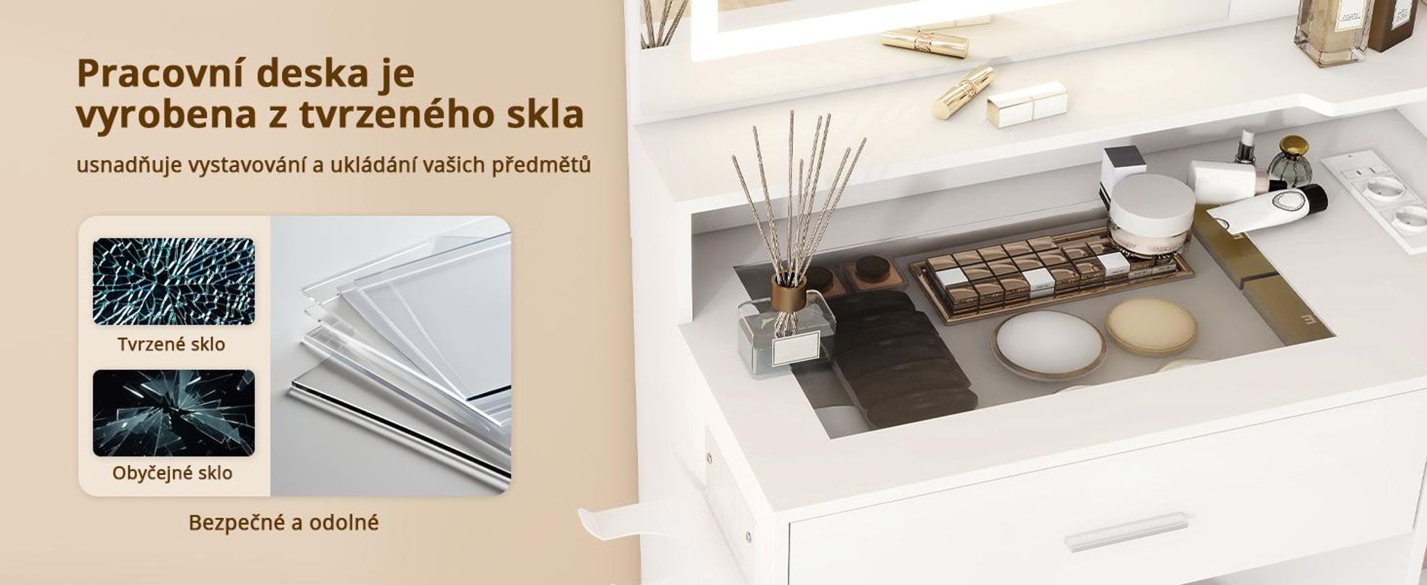 Kosmetický stolek Puluomis s regulovatelným LED osvětlením, toaletní stolek se zásuvkou, držákem na fén, USB porty a zásuvkami, skleněnou deskou, a stolička s úložným prostorem, bílá barva