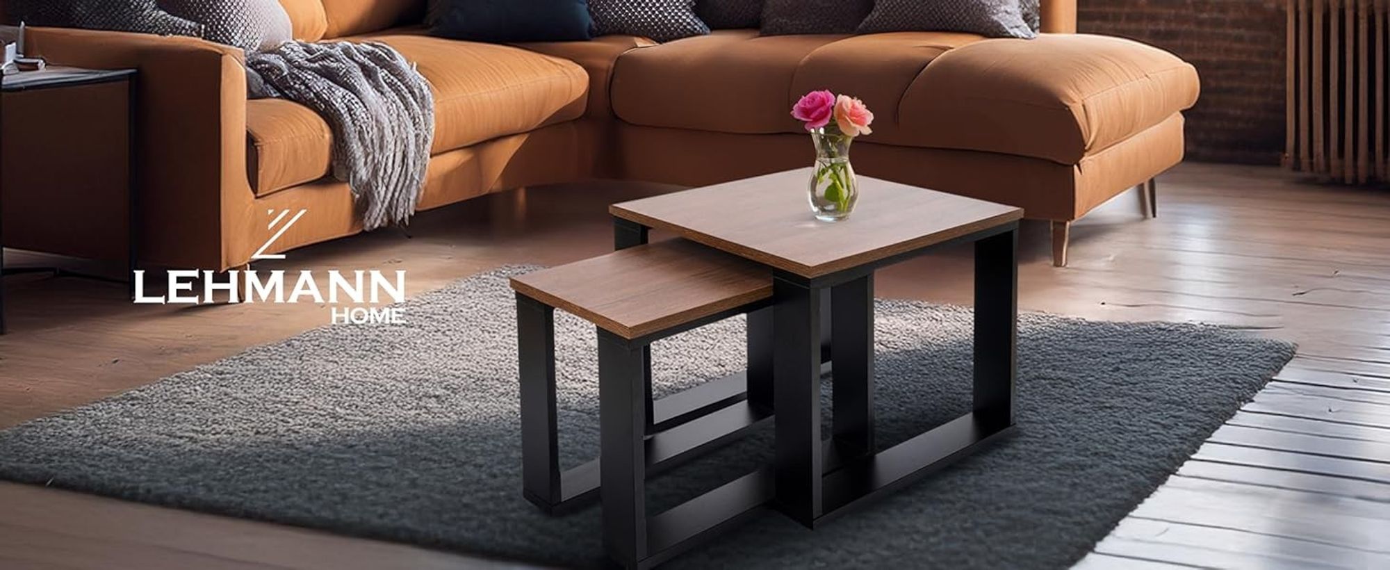 Lehmann Couchtisch 2er Set in 2 Größen für das Wohnzimmer, mit Holzplatte und schwarzem Gestell