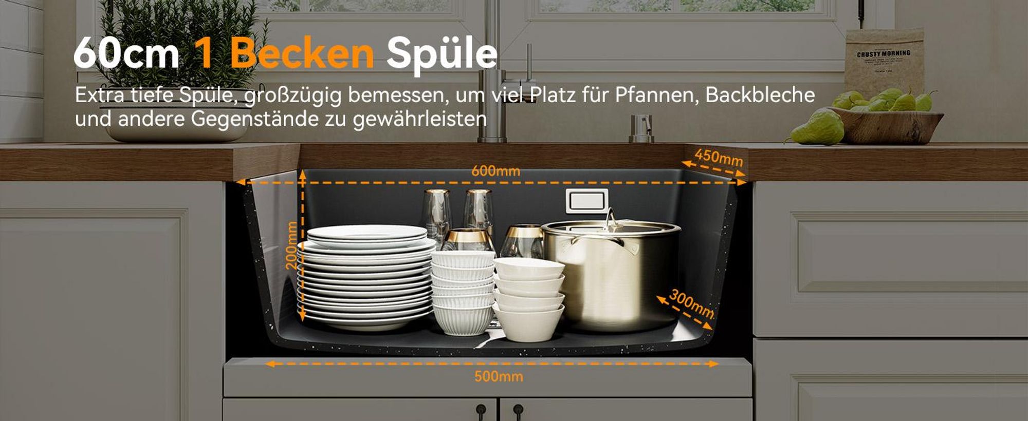 HOROW 60x45 cm Granit Spülbecken Küchenspüle Einbauspüle 1 Becken inkl Siphon, schwarze spüle mit Hahnloch Siphon Ab- und Überlaufgarnitur