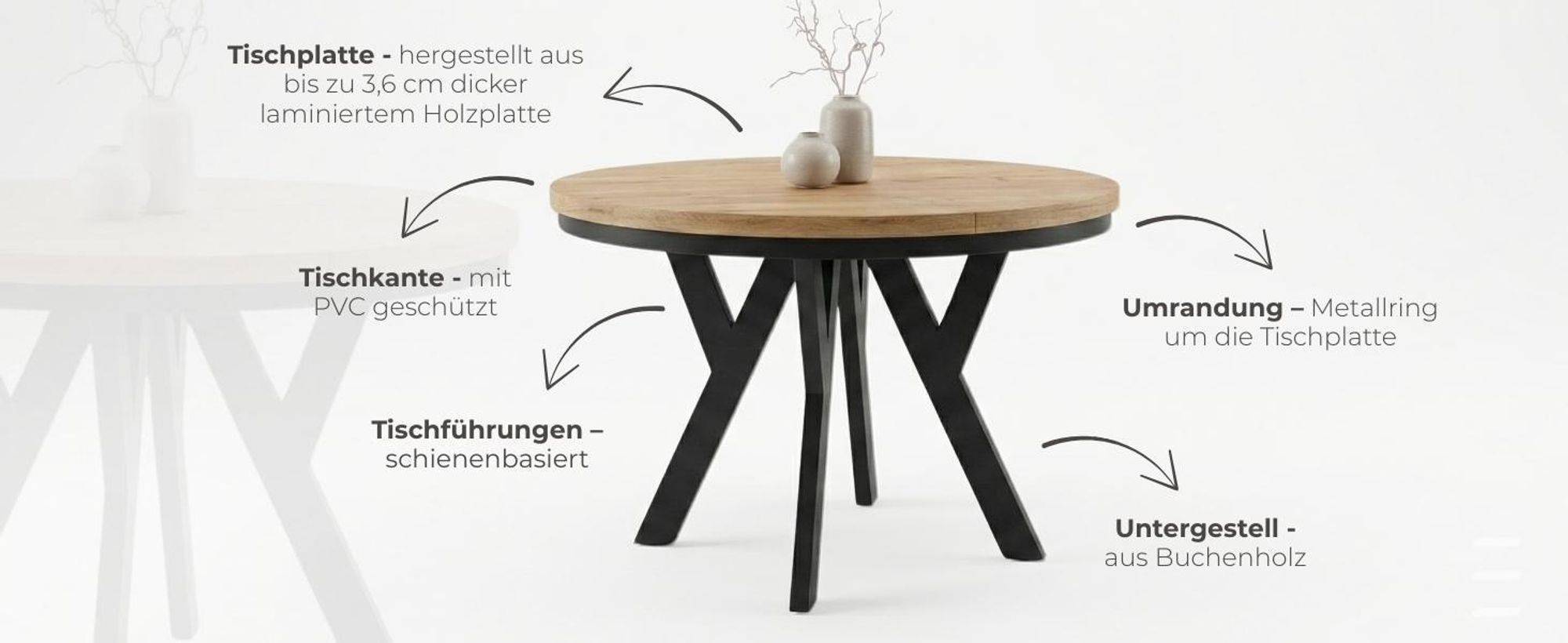 Runder Ausziehbarer Tisch für Esszimmer, PERO mit einem Ring-Gestell, Loft-Stil, Durchmesser: 120 / 220 cm, Farbe: Eiche Wotan / Schwarz