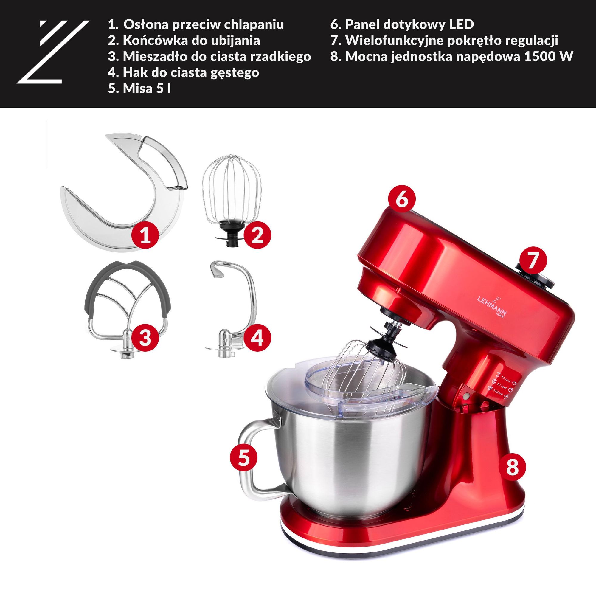 Lehmann Aristo Czerwony – Robot kuchenny 1500W, misa 5L, 12 biegów, wyświetlacz LCD, funkcja fermentacji, waga, BPA Free, 4 programy, LHOPM-1505-F