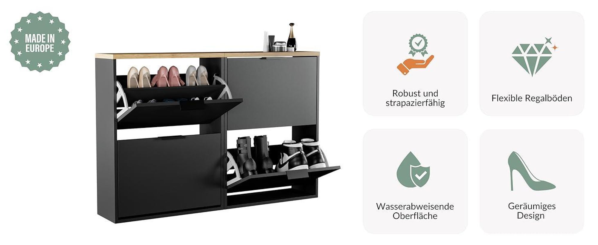 Planetmöbel Schuhschrank schmal 2 x 1 Klappe Schuhregal mit 2 Ablagen, schwarz