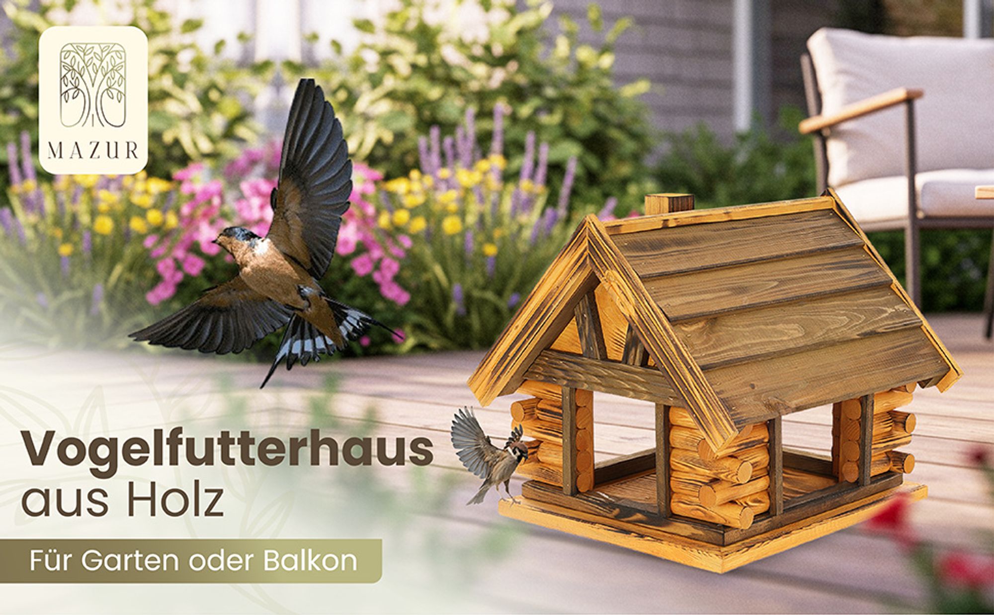 MAZUR Vogelfutterhaus aus massivem Holz 38 cm x 39,5 cm x 34,5 cm – Wetterfeste Futterstation, Futterspender für Wildvögel im Garten, großes Vogelhaus
