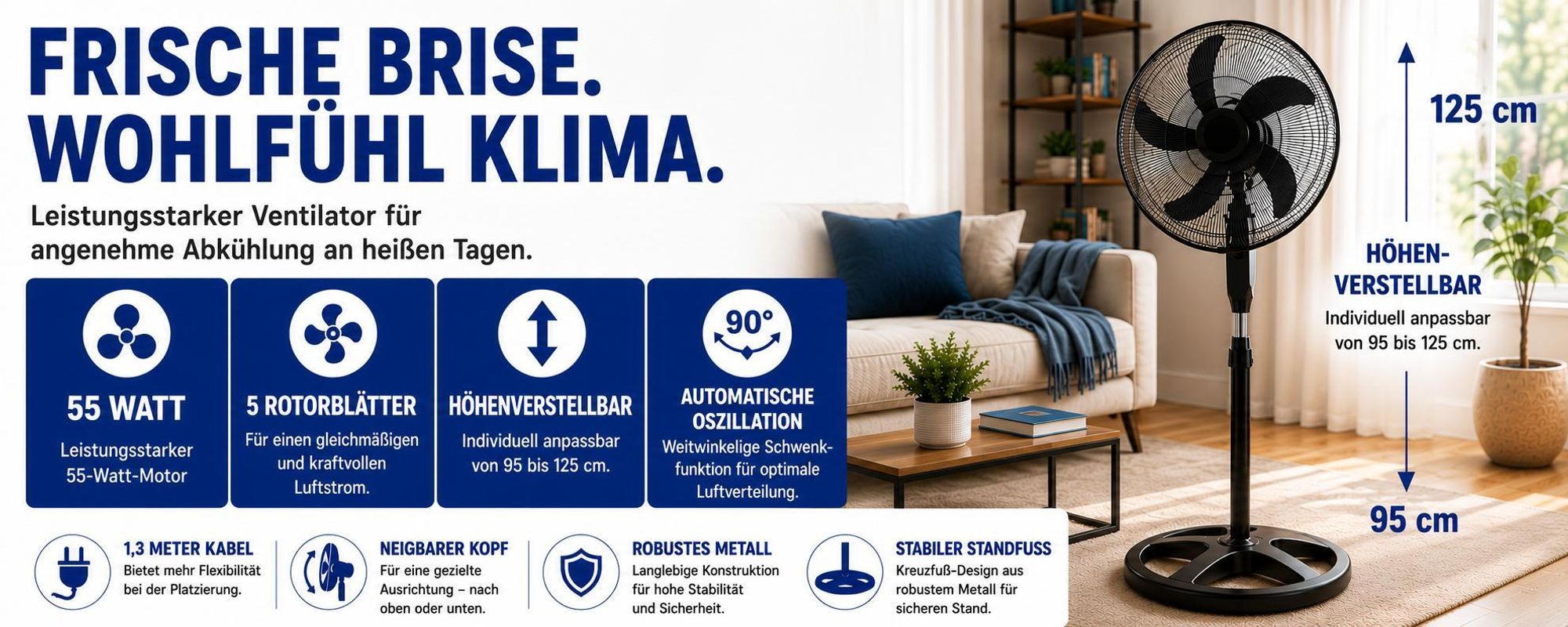 Metall Standventilator 5 Rotorblätter Ventilator Luftkühler Standlüfter 3 Stufen Oszillation Höhenverstellbar Neigbar Robust 16" Zoll 40cm Schwarz