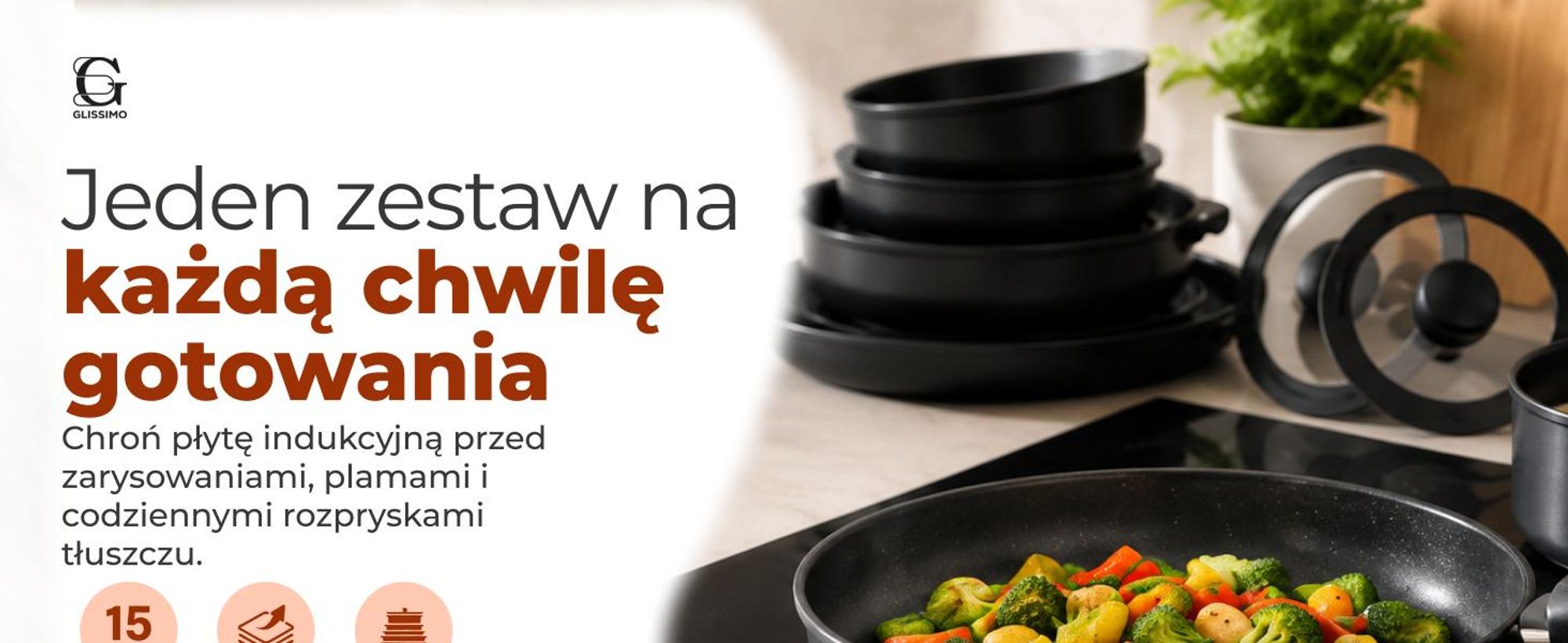 Naczynia kuchenne Glissimo – 15-częściowy zestaw ceramicznych patelni z wyjmowanym uchwytem – nieprzywierające – do wszystkich rodzajów kuchenek – bez i BPA – można je układać w stosy