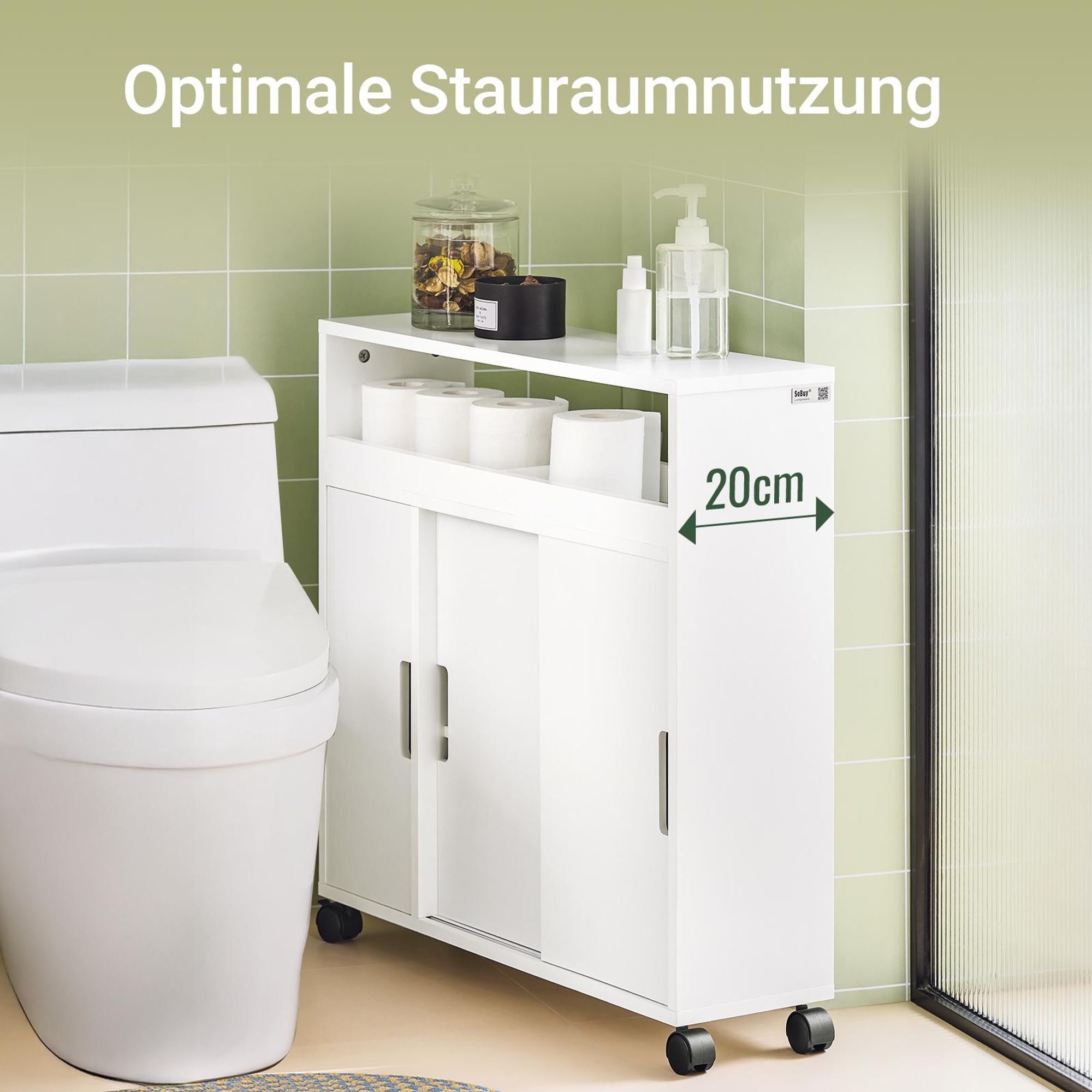 SoBuy Badezimmerschrank schmal auf Rollen, 20 cm Nischenschrank mit 2 Schiebetüren und offenem Fach, Badschrank für Bad & WC, Weiß BZR02-W