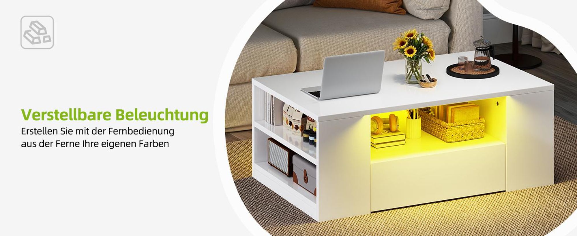 LED Couchtisch mit 2 Schubladen, Wohnzimmertisch Sofatisch, mit 16-Farben Beleuchtung, 95x55x37cm, Weiß