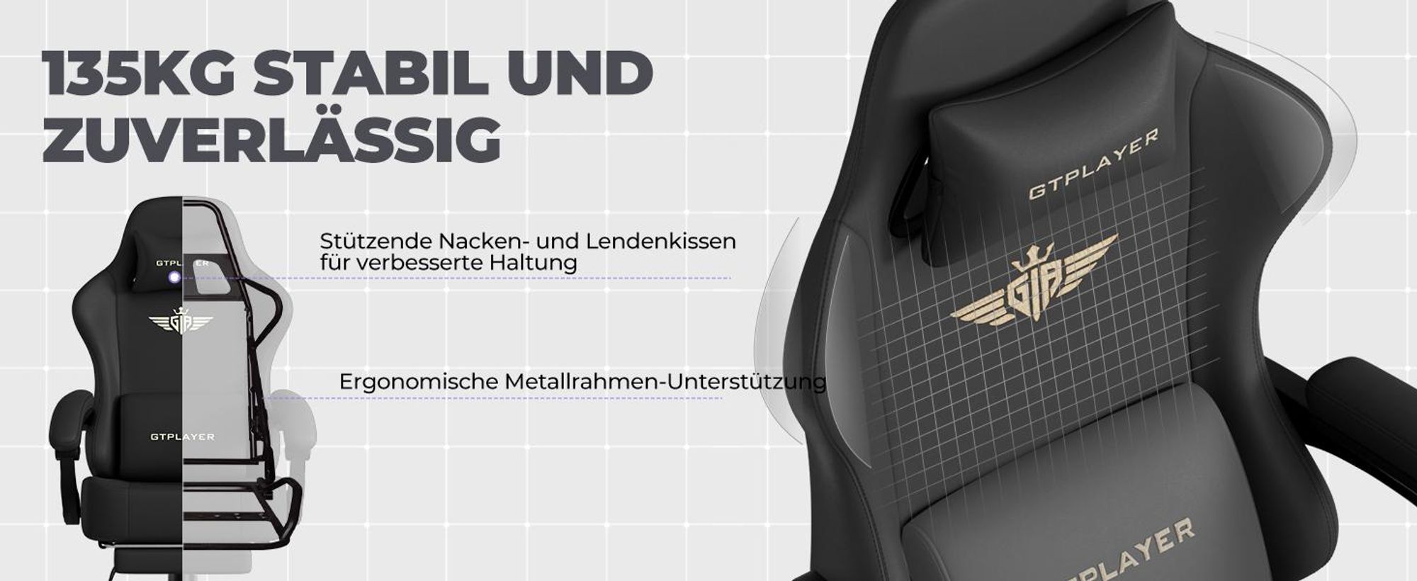 GTPLAYER Gaming Stuhl Ergonomischer Gaming Sessel Schreibtischstuhl Bürostuhl mit Kunstleder Federsitzkissen, Verbindungsarmlehnen, mit Fußstütze