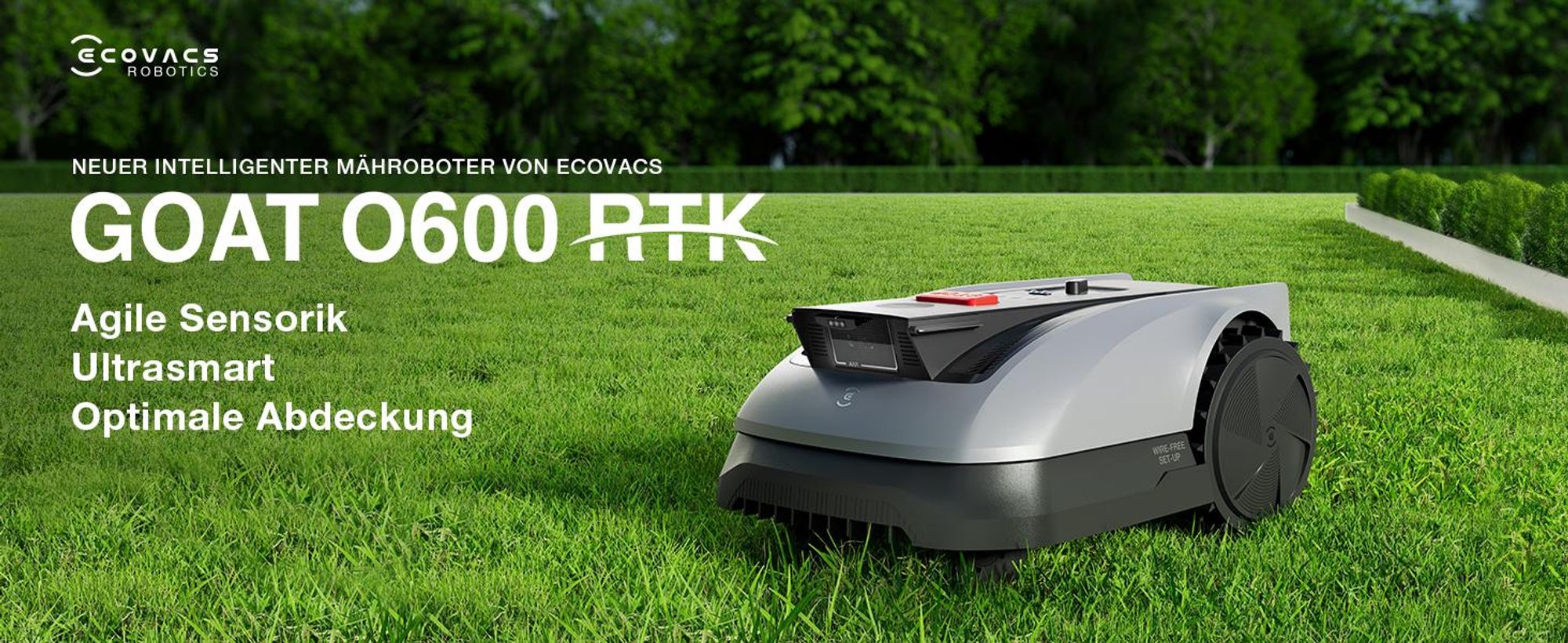ECOVACS Mähroboter Goat O600 Ohne Begrenzungskabel, 600 m², RTK+Vision Navigation, Rasenmähroboter, KI-Hindernisvermeidung, passiert 0,7m Engstellen