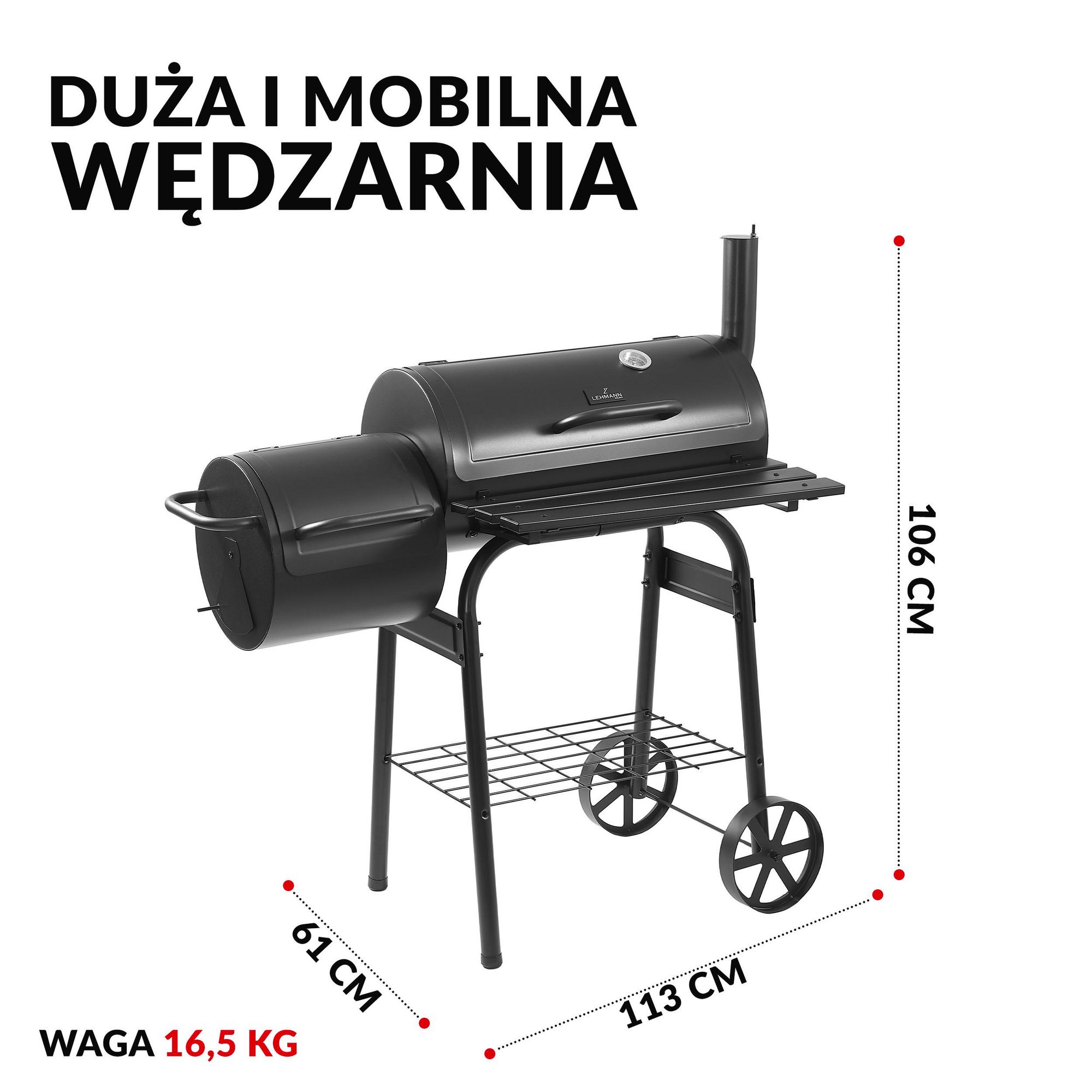 Grill wędzarniowy i węglowy LEHMANN 2 w 1 – 2 komory, pokrywa, wbudowany termometr i uchwyt odporny na wysoką temperaturę, kolor czarny