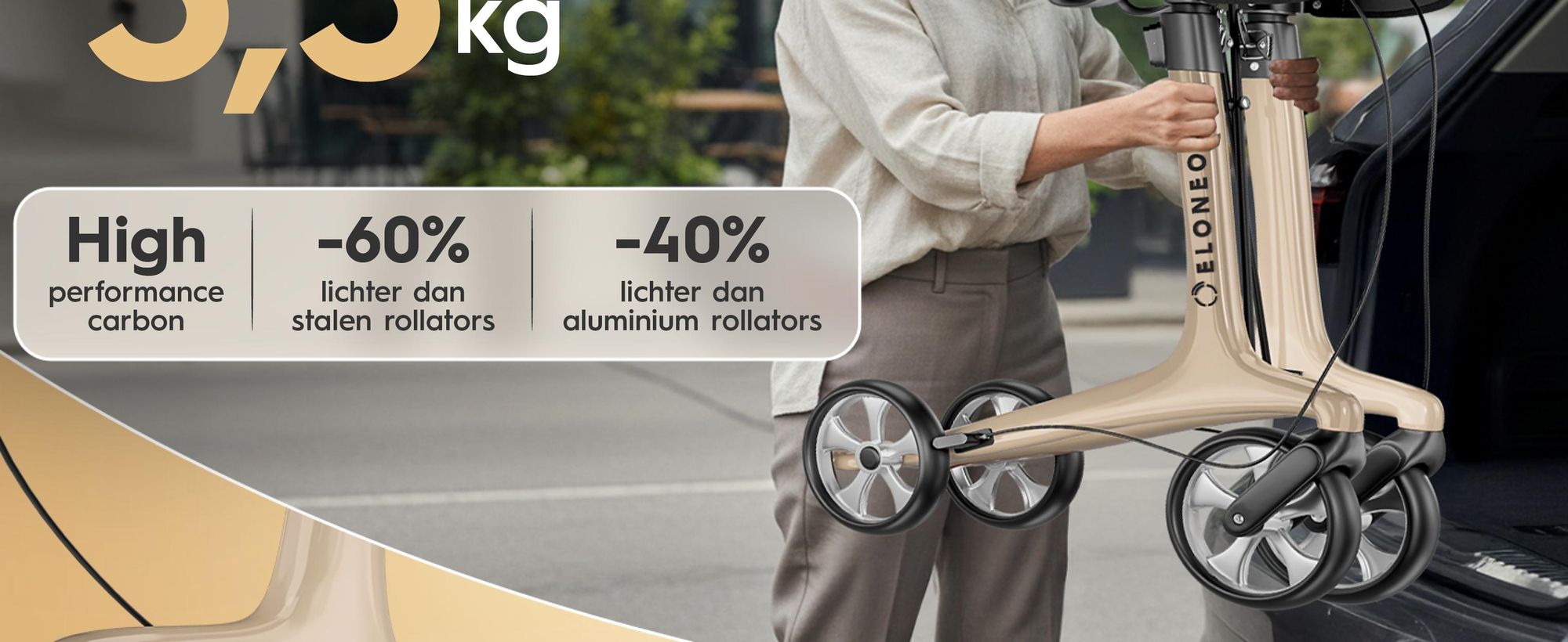 ELONEO Carbon rolstoel, inklapbaar en lichtgewicht, met zitplaats, lichtgewicht reiskruk, ultralicht, crème - maat L