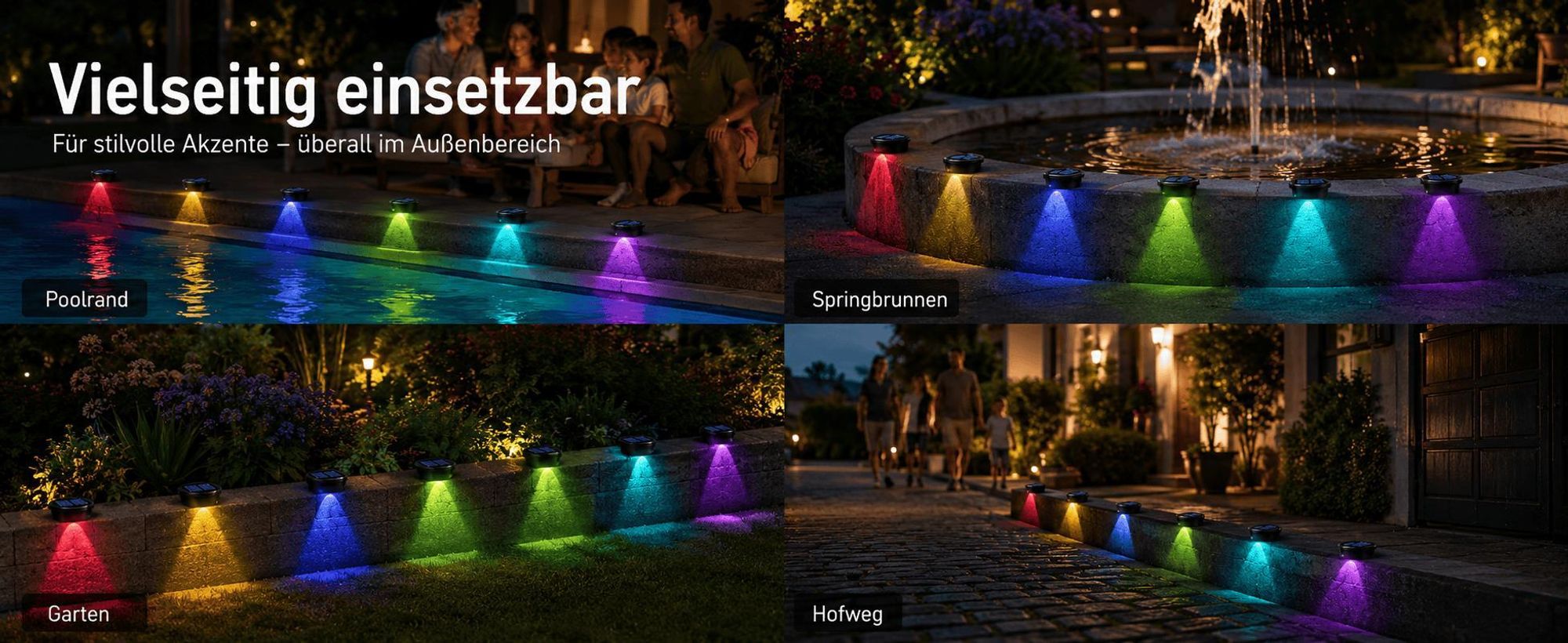 4er Set Solarleuchten Garten, wasserdicht IP65, 6 Farben LED, 10H Leuchtdauer, automatische Einschaltung bei Dunkelheit (Lichtsensor)
