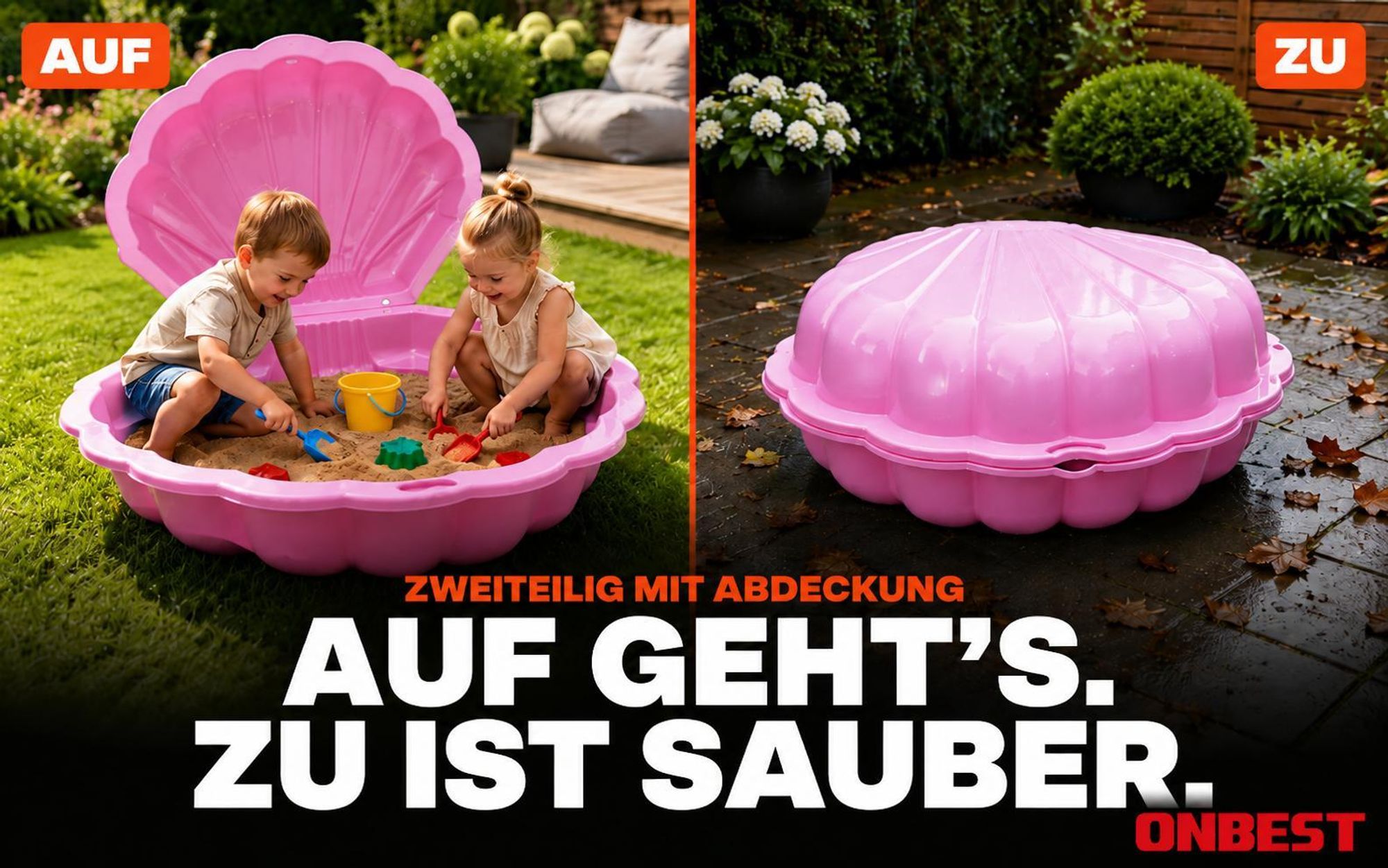 ONBEST Sandkasten 2in1 Sandmuschel mit Deckel | 100 kg | Kunststoff | Pink | ‎88 x 78 x 38 cm