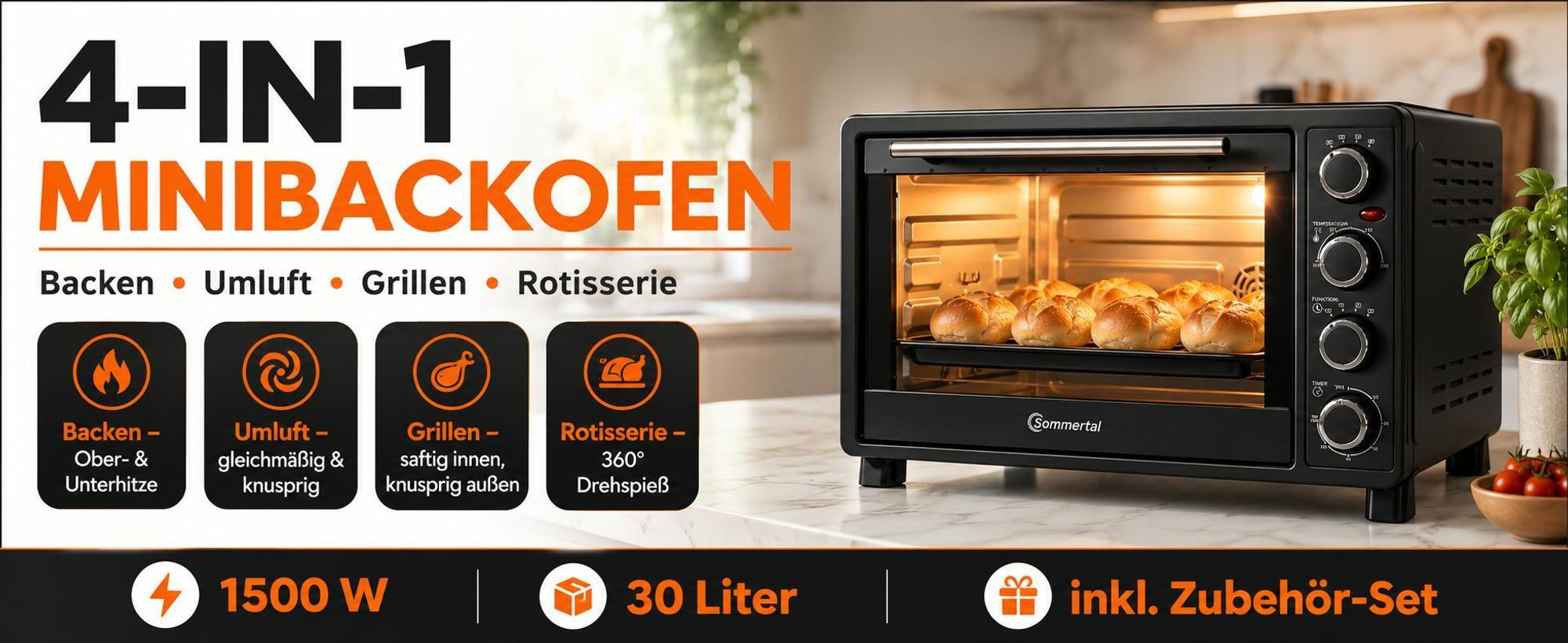 Sommertal Minibackofen 30 Liter mit Drehspieß & Umluft, 1500W, Hähnchengrill, Backen, Grillen & Pizza, Campingbackofen, 100–230°C, inkl. Zubehör