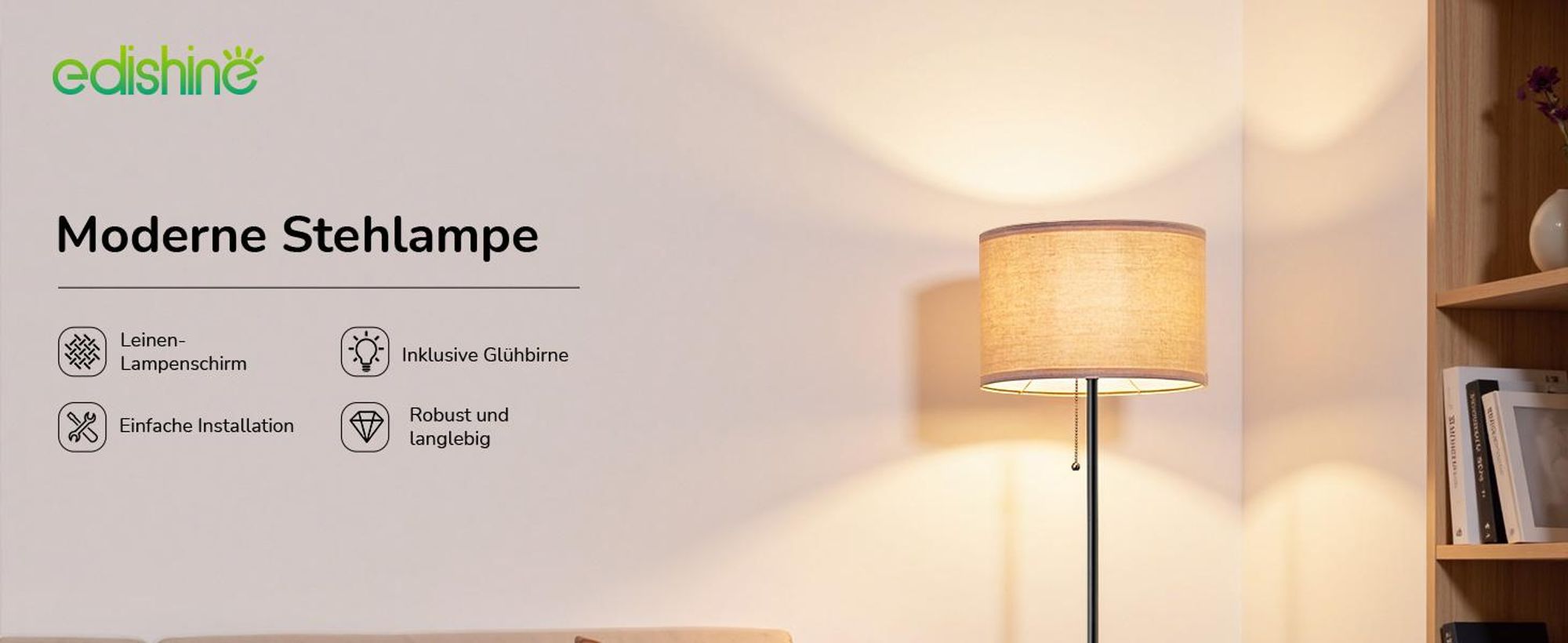 EDISHINE Stehlampe Wohnzimmer, Moderne Stehleuchte mit Leinen-Lampenschirm & schwarzm Metallgestell, für Schlafzimmer Büro, 145cm